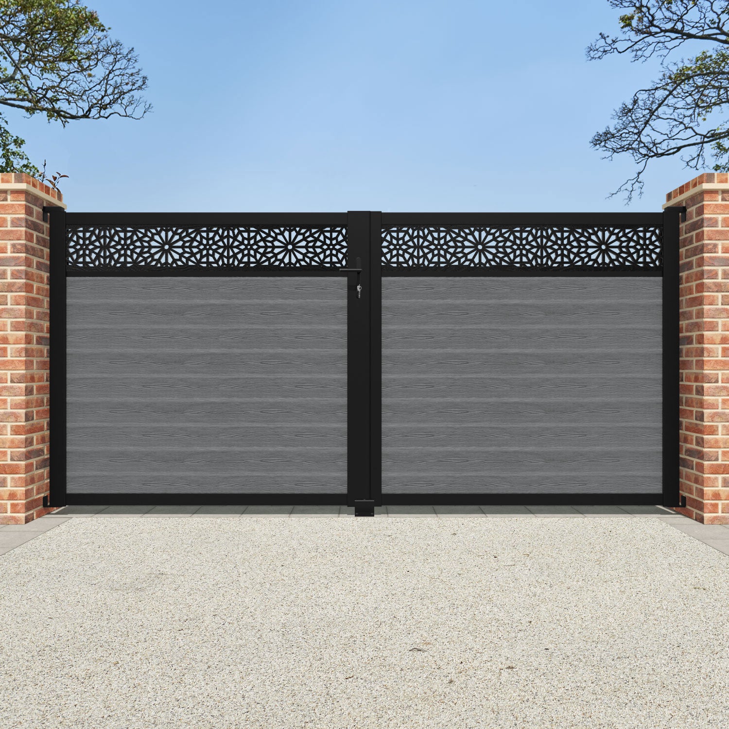 Classic Alnara Straight Top Driveway Gate - Mid Grey with Top Screen | Secure & Stylish Driveway Entrance for Homes & Commercial Properties
