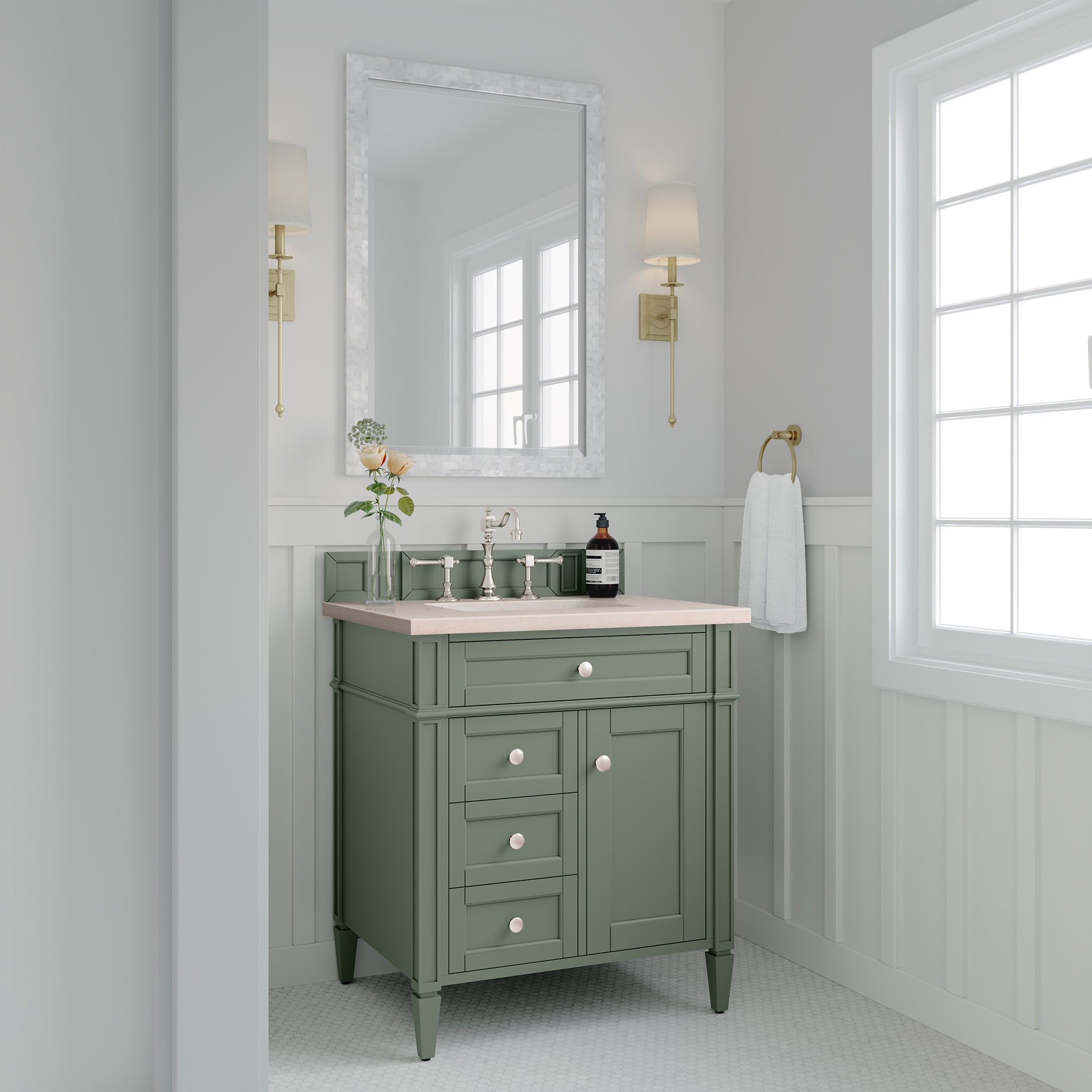 Brittany 30-Inch Single Bathroom Vanity in Smokey Celadon with 3CM Eternal Marfil Quartz Top - Perfect for Small Bathrooms, Powder Rooms & Master Bath Renovations