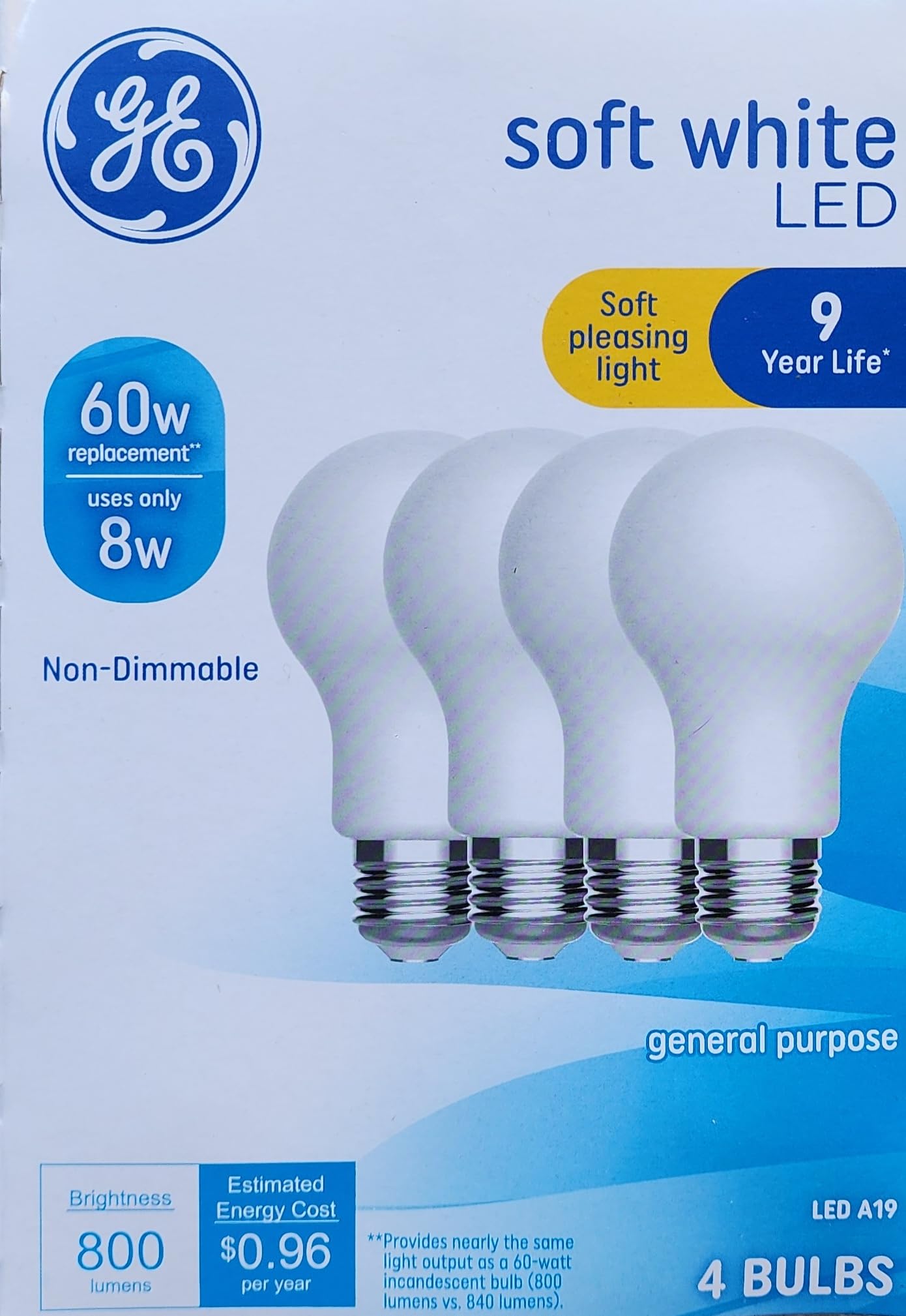 GE LED A19 Light Bulb 60W Equivalent, Soft White 2700K, Non-Dimmable, Energy Efficient, 4-Pack - Perfect for Bedroom, Living Room, and Office Lighting