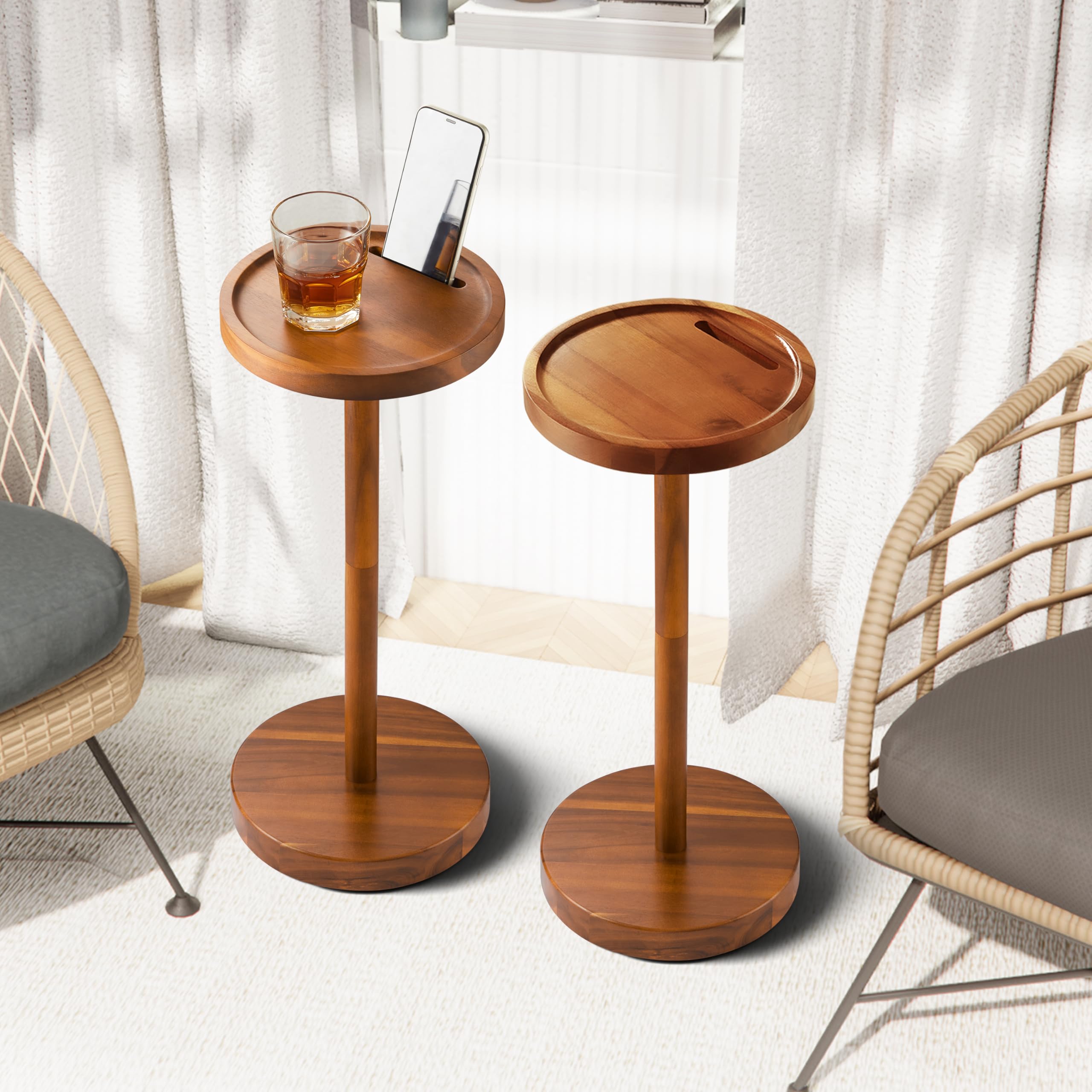BLUEWEST Acacia Wood Pedestal Side Table Set of 2 - Round Drink Stand with Weighted Base for Small Spaces - Perfect as Phone Holder & Cocktail Table - Ideal for Living Room, Bedroom, Patio & Outdoor Entertaining