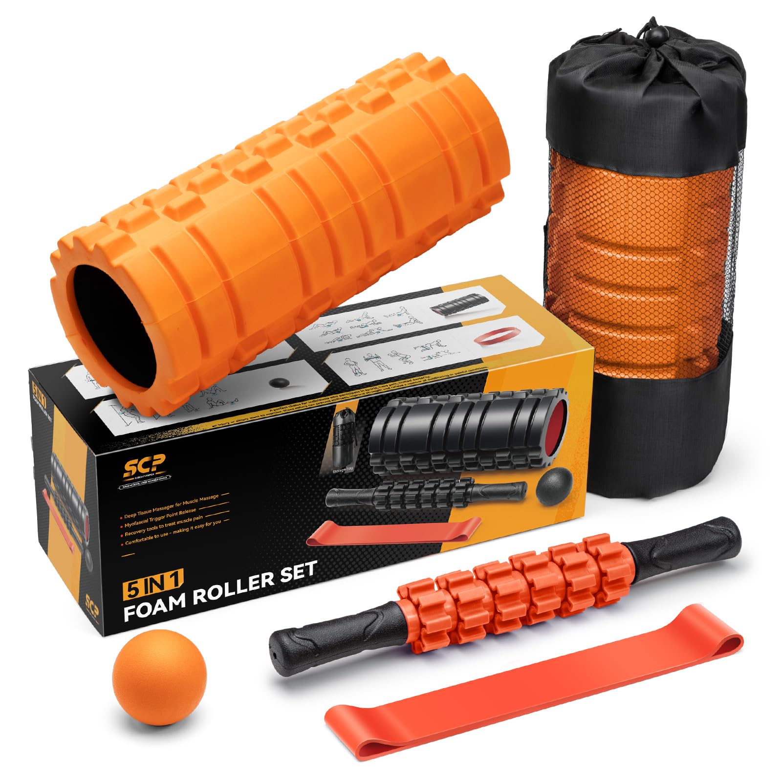 5-in-1 Foam Roller Set for Deep Tissue Massage - Trigger Point Roller, Massage Stick, Therapy Ball & Resistance Band - Perfect for Yoga, Pilates, Fitness & Full Body Workout (Orange-Black) - Home Gym & Physical Therapy Essential