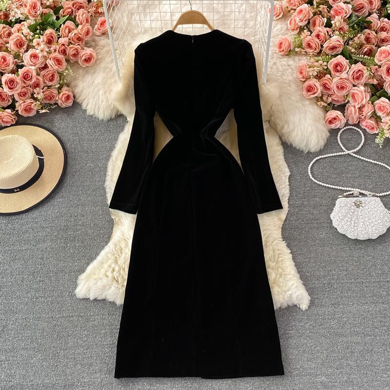 French Vintage Velvet Dress - Elegant Long Sleeve Slit Maxi Dress for Women | Perfect for Weddings, Parties & Special Occasions