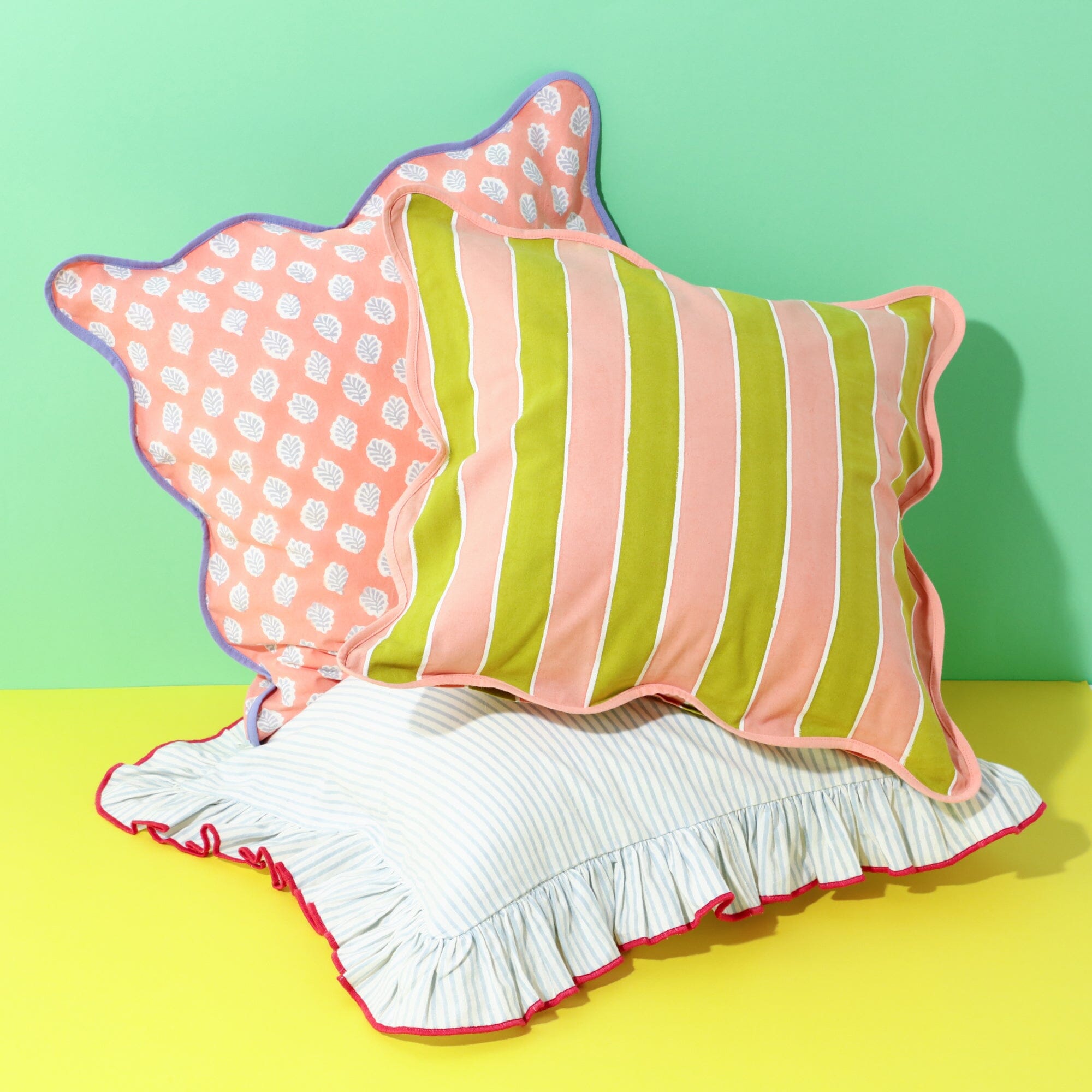 Handmade Block Print Cushion Cover 18x18 Inches - Pink & Green Cotton Pillow Case for Sofa, Bed, Living Room Decor - Boho Home Accessories for Cozy Interior Design