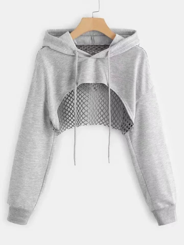 Street Sport Drop Shoulder Drawstring Hollow Out Super Crop Sports Hoodie - Trendy Athletic Wear for Gym, Running & Casual Outfits