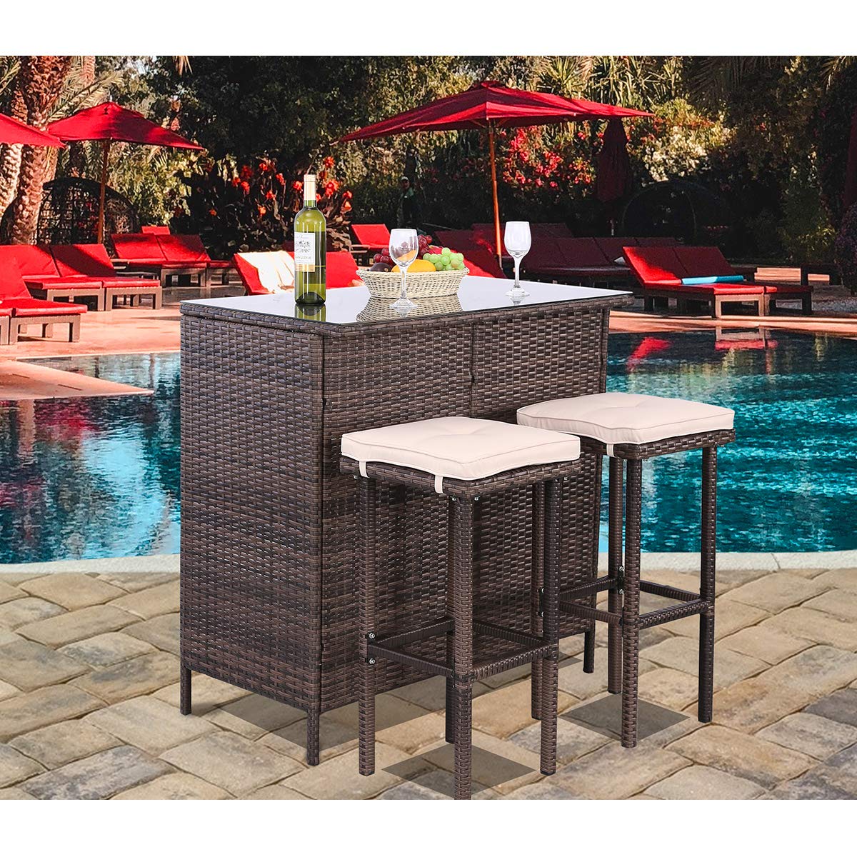 3PCS Outdoor Patio Bar Set with Stools & Glass Top Table - Beige Wicker Furniture with Removable Cushions for Backyard, Porch, Garden, Poolside - Perfect for Outdoor Entertaining & Relaxation