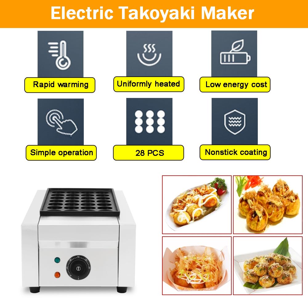 Commercial Electric Takoyaki Maker Machine - 28 Holes Non-Stick Japanese Octopus Ball Baker, 110V 1.8KW for Home & Restaurant Use - Perfect for Parties, Street Food Business & Japanese Cuisine Cooking