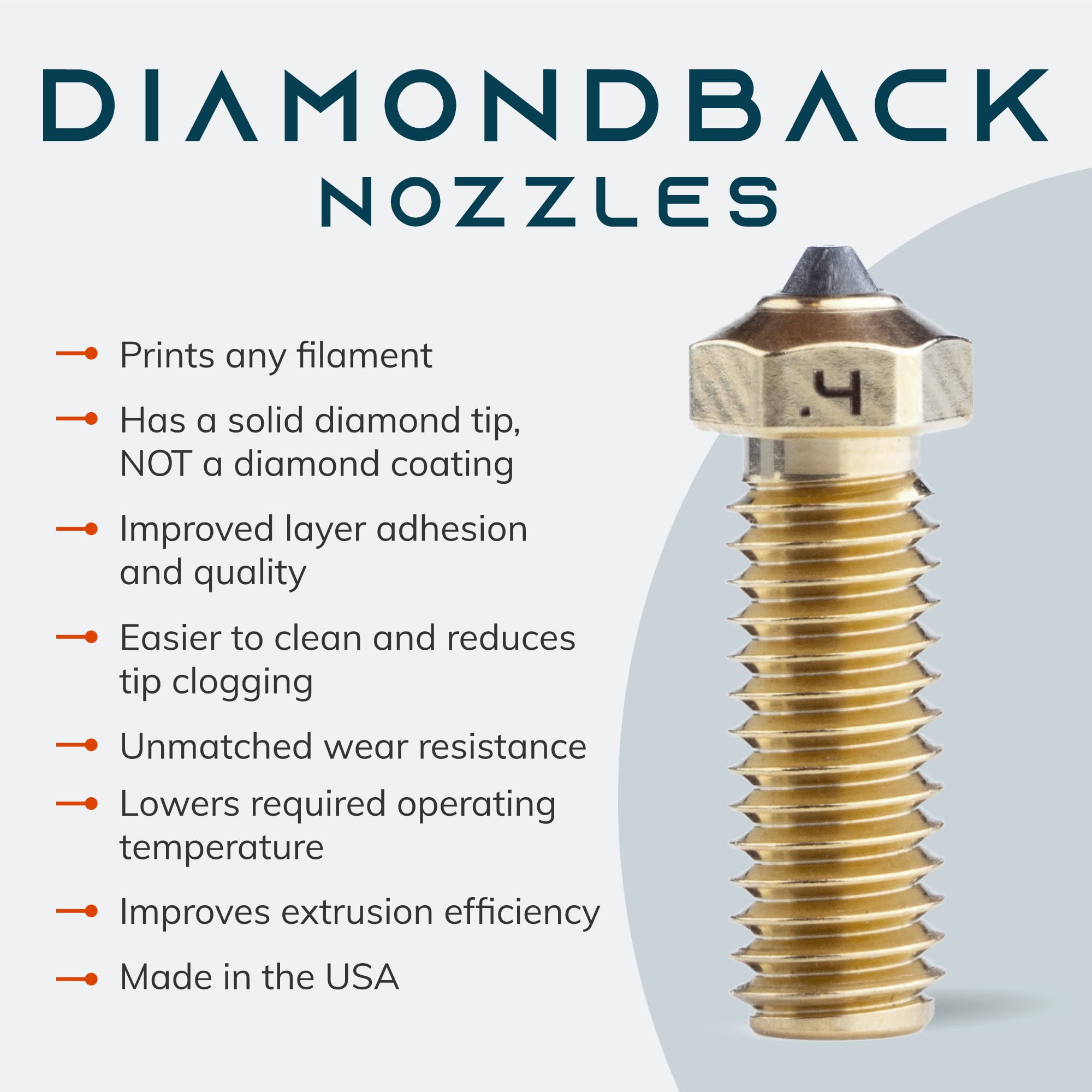 Diamondback Nozzles – Volcano Compatible 3D Printer Nozzles with Polycrystalline Solid Diamond Tip – Enhanced Extrusion, Universal Filament Compatibility, Long-Lasting Wear Resistance, Improved Layer Adhesion – Made in USA (1.75mm x 0.4mm) – Perfect for High-Temperature Printing, Industrial 3D Printing, and Precision Prototyping