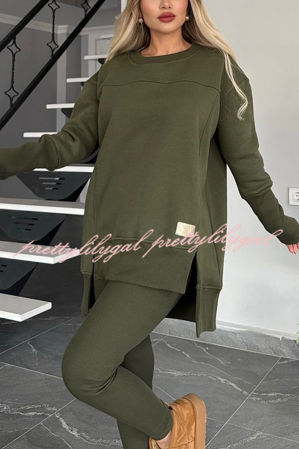 Solid Color Crew Neck Long Sleeve Top & Stretchy Casual Pants Set - Women's Comfortable Lounge Wear for Home, Yoga & Everyday Outfits