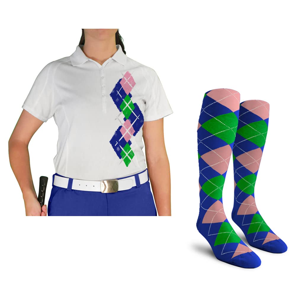 Dry Fit Short Sleeve Graphic Golf Polo Shirt with Socks for Women - Argyle Paradise (5A-5Z) | Breathable Moisture-Wicking Performance Top for Golf, Tennis & Casual Wear