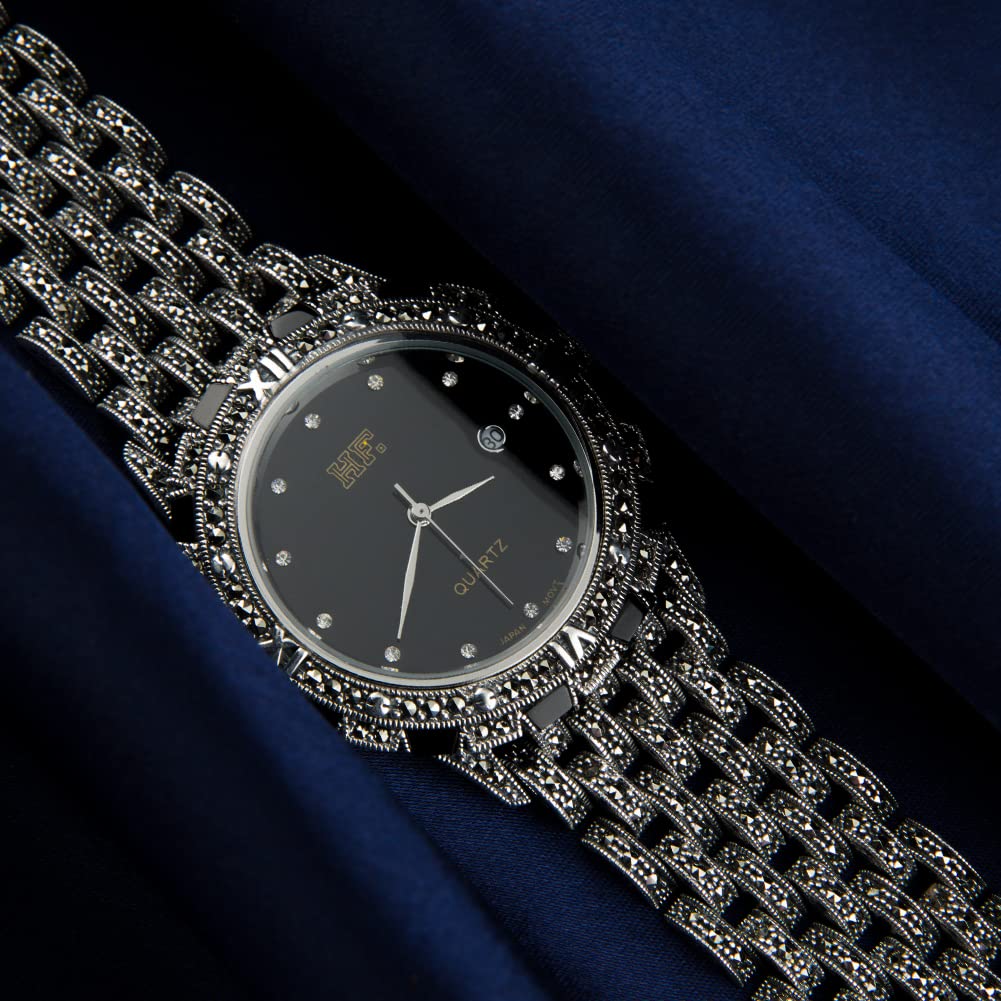 Men's Luxury Thai 925 Sterling Silver Marcasite Wrist Watch - Black 21CM Band - Elegant Dress Watch for Formal Events & Business Occasions