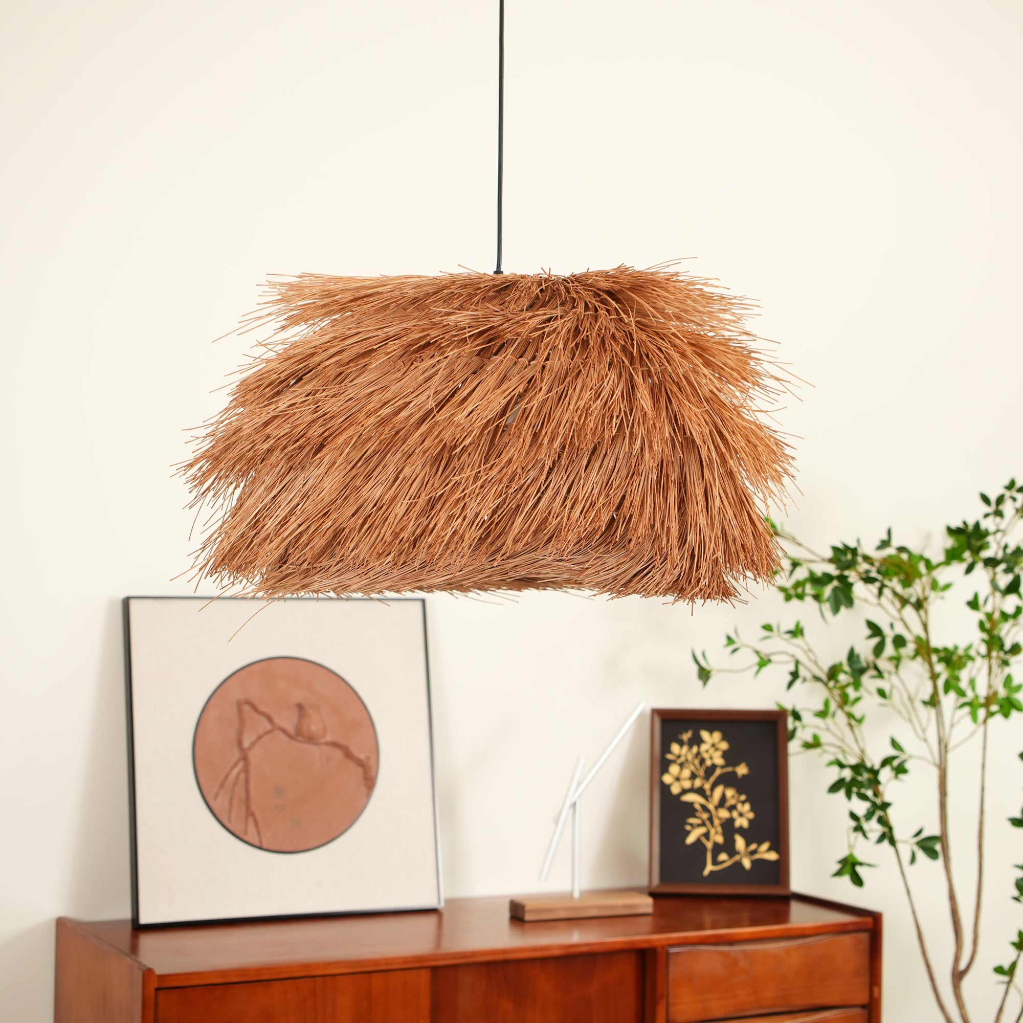 Modern Wicker Pendant Light - Natural Rattan Hanging Lamp for Kitchen Island, Dining Room & Bedroom - Boho Ceiling Lighting Fixture with Warm Ambience