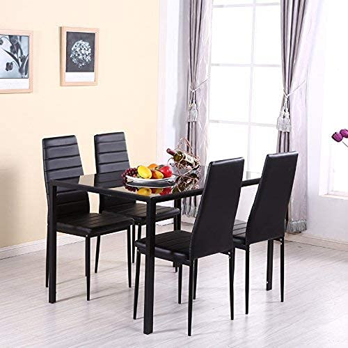 Modern 5-Piece Dining Table Set for 4 with Tempered Glass Top & PU Leather Chairs - Black Kitchen & Breakfast Room Furniture for Small Spaces | Perfect for Apartments, Condos, and Cozy Dining Areas