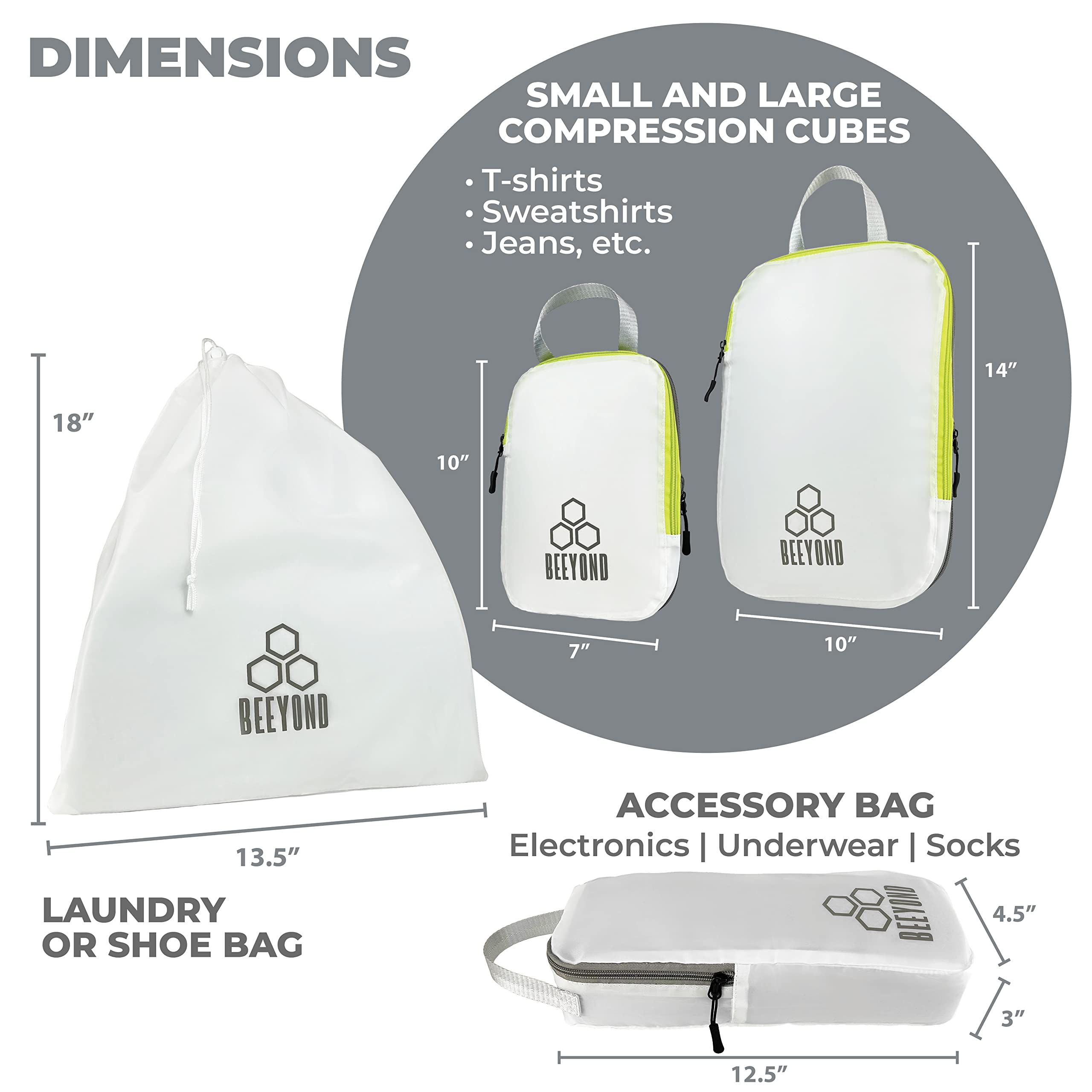Beeyond 6-Piece Compression Packing Cubes Set for Travel - Large & Small Organizer Bags with Accessory Pouch & Laundry Bag | Perfect for Suitcase Organization, Business Trips & Family Vacations