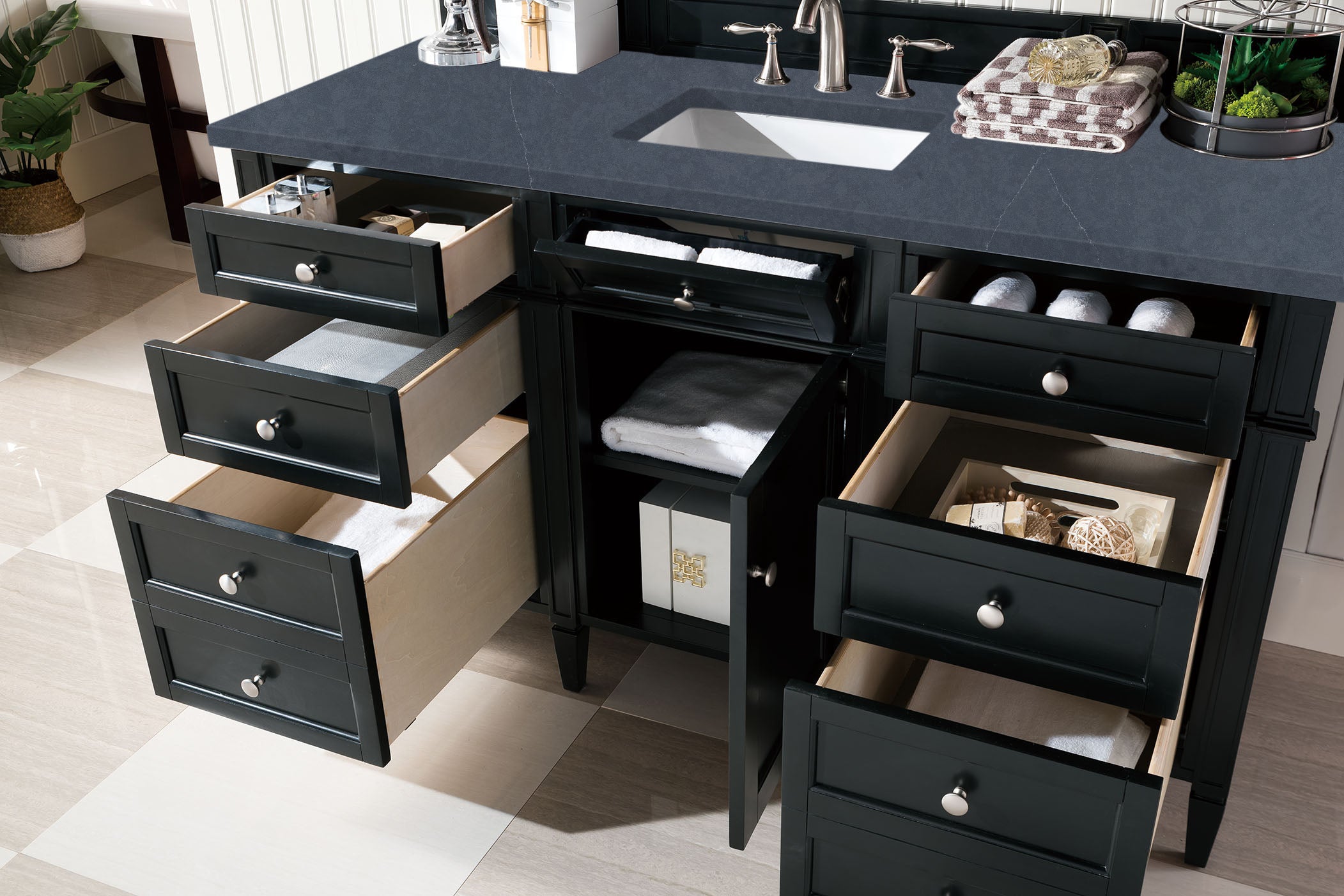 Brittany 60 Inch Single Bathroom Vanity in Black Onyx with 3CM Charcoal Soapstone Quartz Countertop - Perfect for Modern Master Bathrooms and Powder Rooms