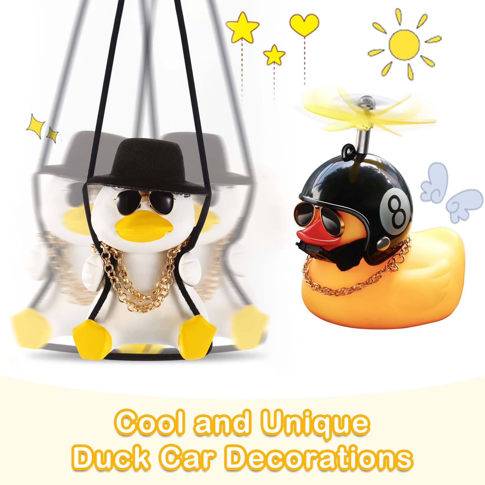 2 Pack Swinging Duck Car Hanging Ornament - Rubber Duck Dashboard Decor with Propeller Helmet - Fun Rear View Mirror Pendant for Car Accessories - Yellow Duck Car Charm (Chain Style) - Perfect for Gifts, Car Lovers & Vehicle Decoration