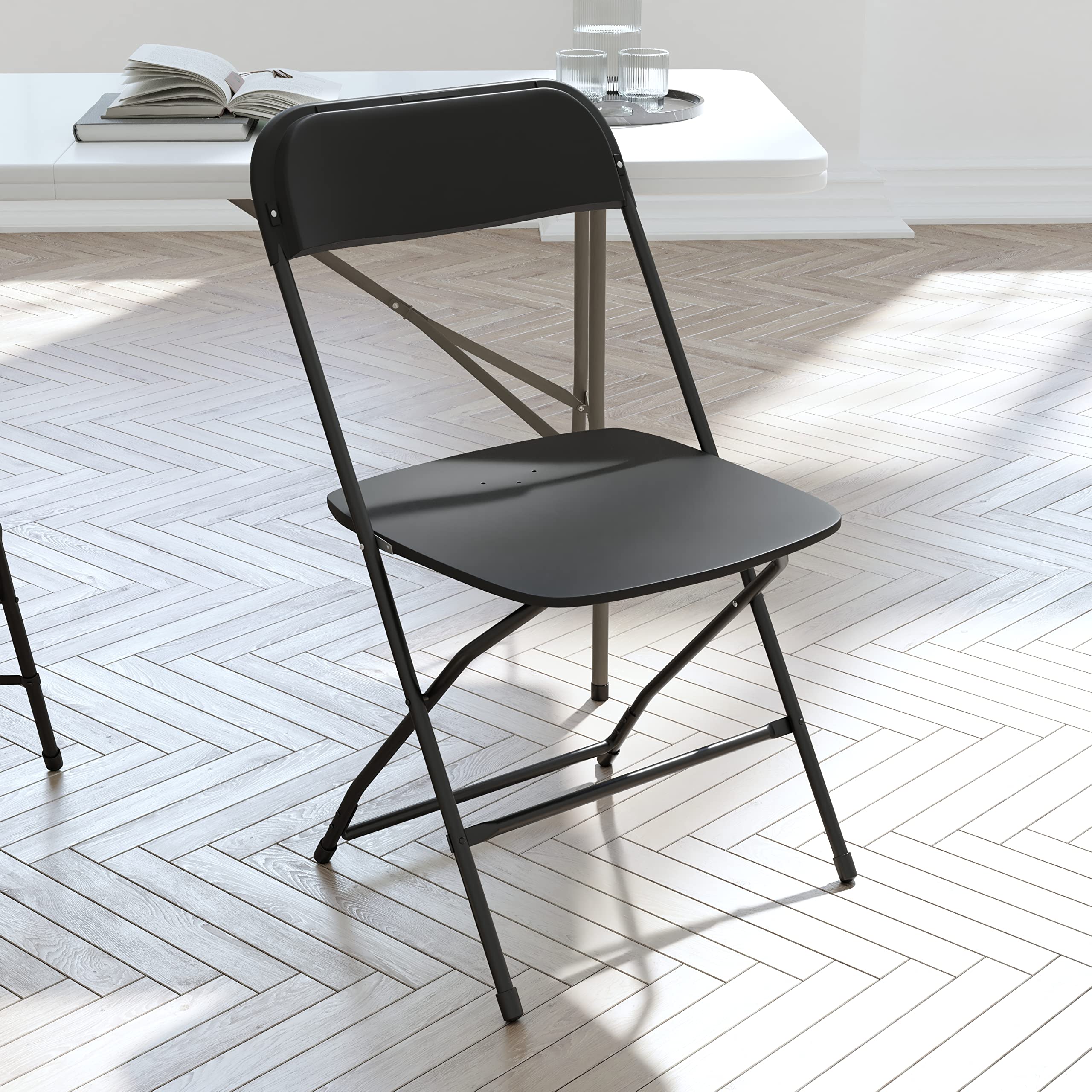 EMMA + OLIVER 4 Pack Extra Wide Folding Chairs - Heavy Duty Black Polypropylene Seats with Sturdy Metal Frame - Supports 650 lbs - Protective Floor Glides for Indoor & Outdoor Use - Perfect for Parties, Camping, and Events