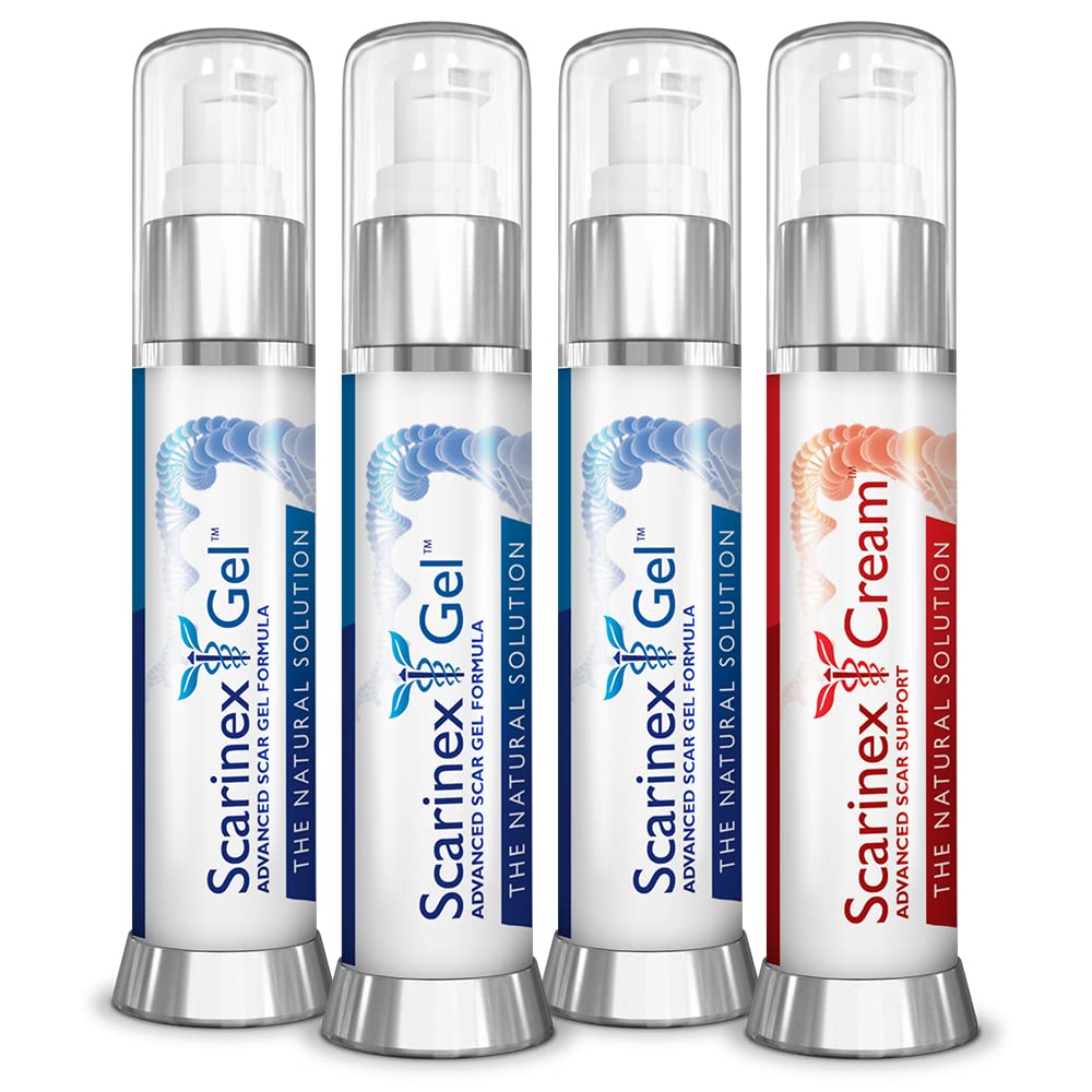 Scarinex Advanced Scar Removal Cream & Gel for Face & Body - 4 Vegan Friendly Bottles (3 Scar Gel + 1 Skin Rejuvenator) - Fades Acne Scars, Surgery Marks & Stretch Marks for Smooth Skin