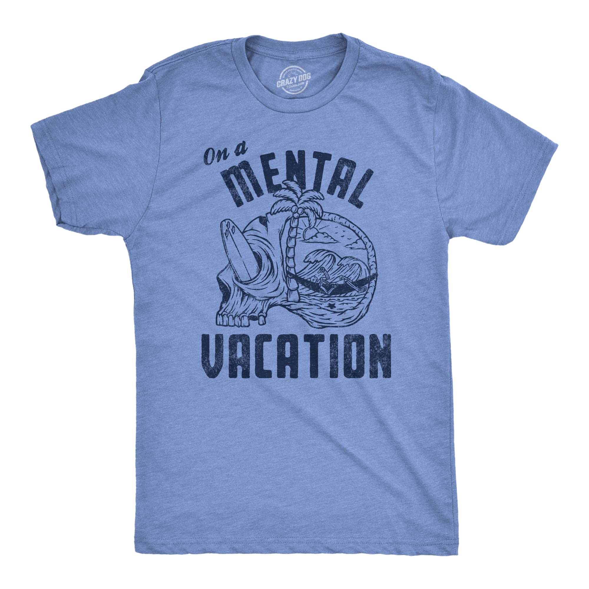 Funny Men's 'On A Mental Vacation' Graphic Novelty T-Shirt - Beach Skull Design Casual Tee for Summer, Parties & Gifts