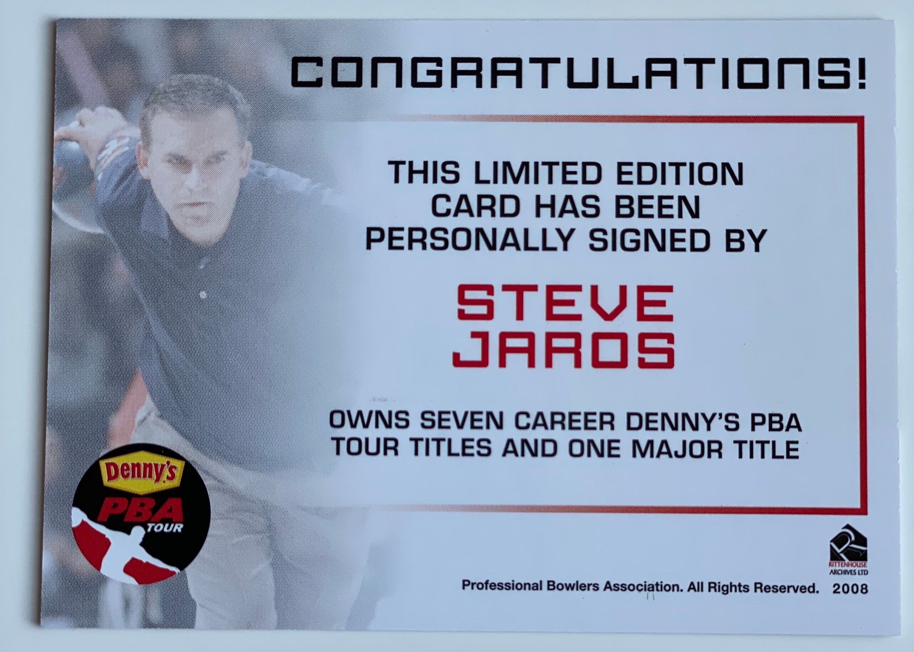 Steve Jaros 2008 Rittenhouse PBA Autographed Bowling Trading Card - Limited Edition Collectible for Bowling Fans & Sports Memorabilia Enthusiasts - Perfect for Display, Trading, and Gifting