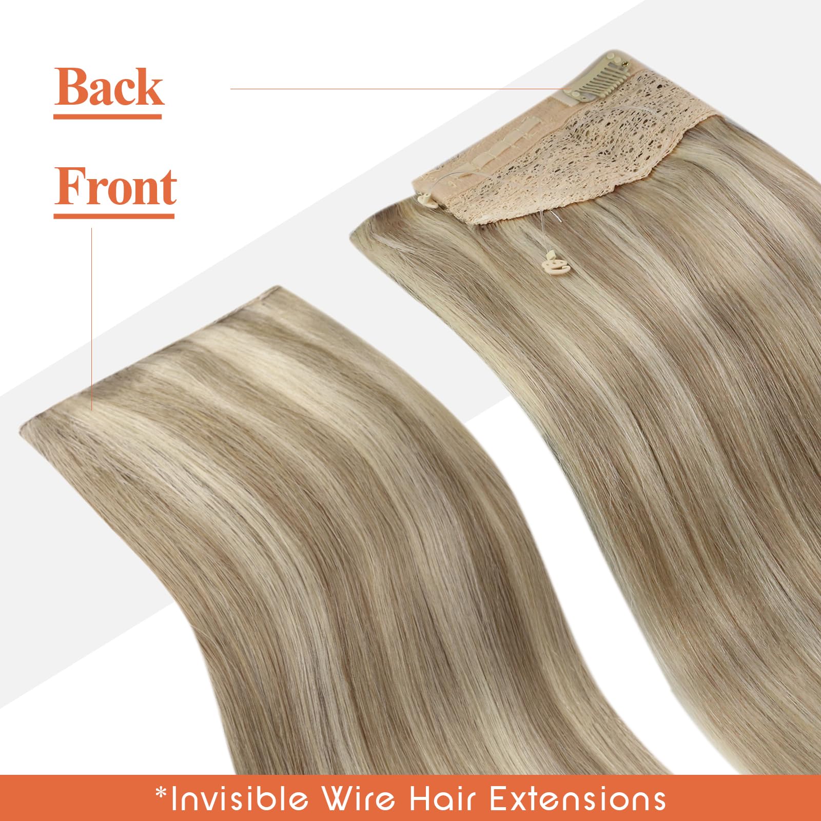 Sunny Wire Hair Extensions - 18 Inch Real Human Hair with Invisible Wire, Golden Blonde & Medium Blonde Highlights (#16/22) - Perfect for Parties, Weddings & Daily Styling