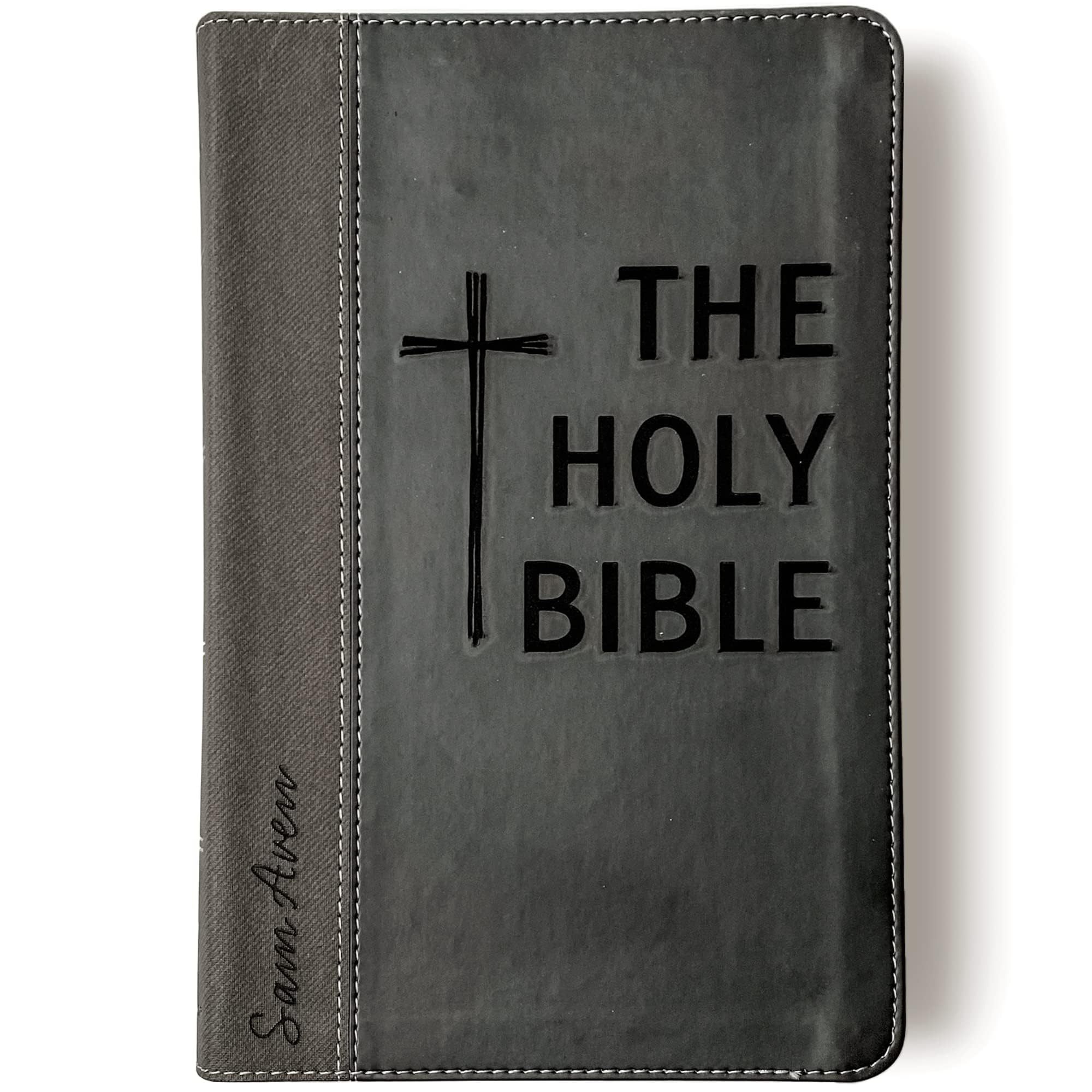 Personalized NIV Black/Gray Leathersoft Bible with Hand Lettering & Laser Engraving - Custom Name Engraving Available - Perfect Wedding, Baptism, Graduation & Birthday Gift - Ideal for Church Services, Bible Study & Spiritual Growth