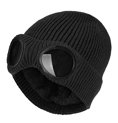 BIGFOOT Winter Beanie Hat with Goggles - Ribbed Knit Cuff Unisex Black Skiing Snowboarding Outdoor Activities