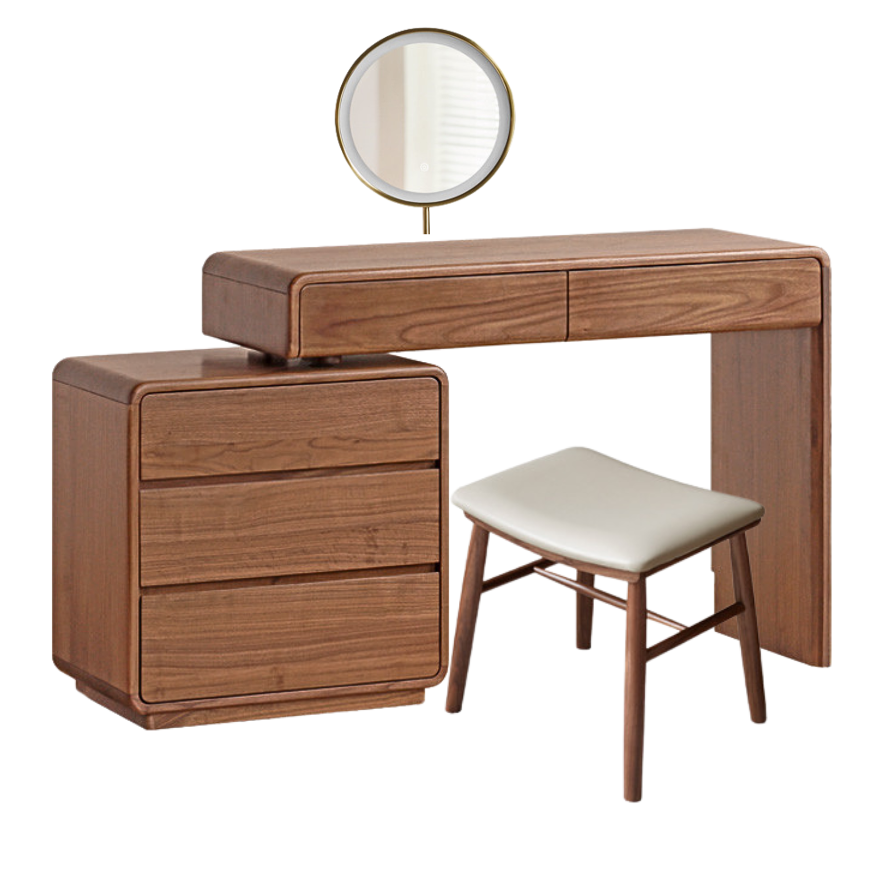 24x16.5x31.5 inch / 61.6x42x62 cm /  Rich dark walnut color/ three-drawer cabinet + Dressing table right + makeup stool  + makeup mirror gold