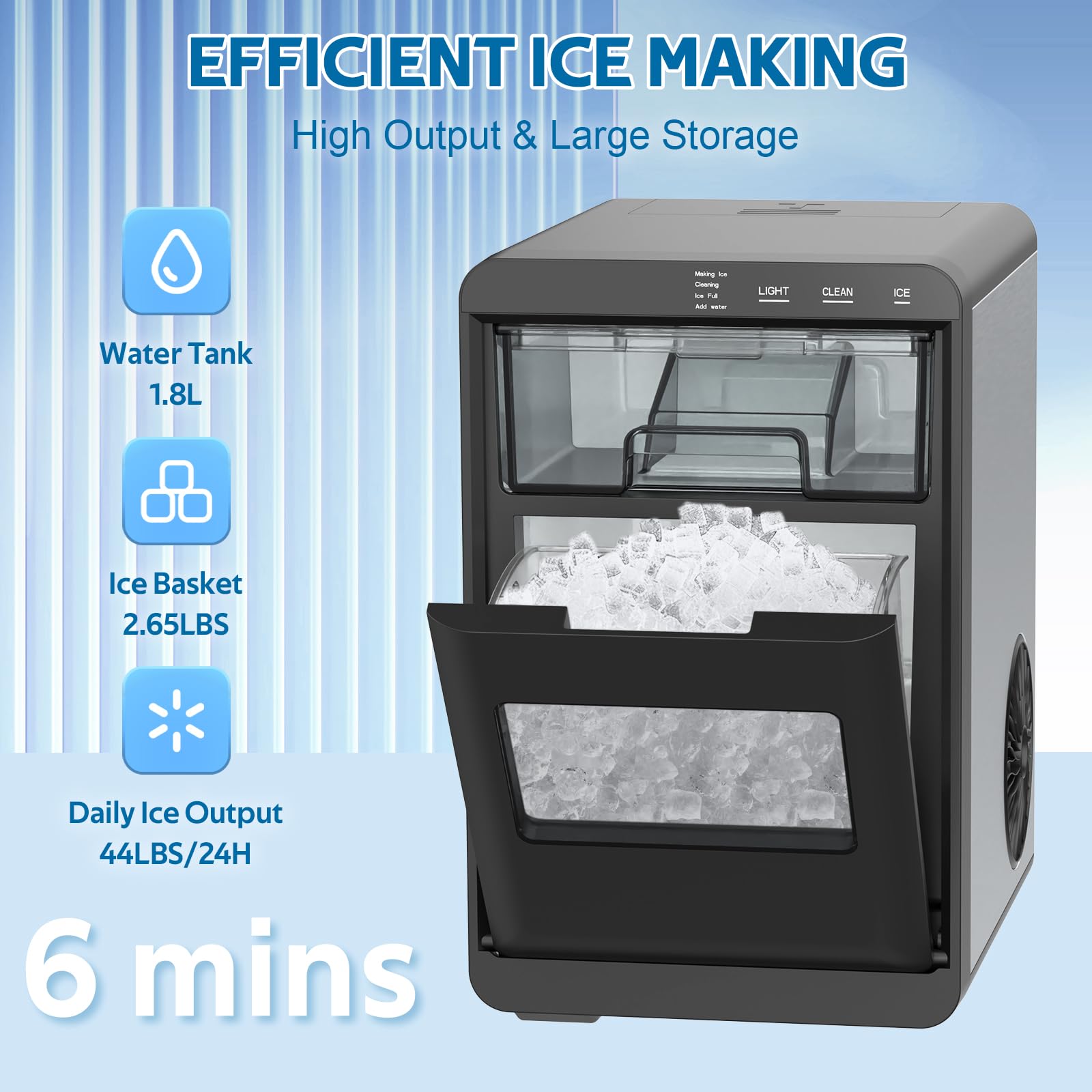 Portable Countertop Nugget Ice Maker Machine - 44LBS/24H Soft Chewable Pebble Ice Production with Self-Cleaning Function, Pull-Out Water Tank & Removable Ice Basket - Perfect for Home Kitchen, Office, Bar, and Party Use (Black)