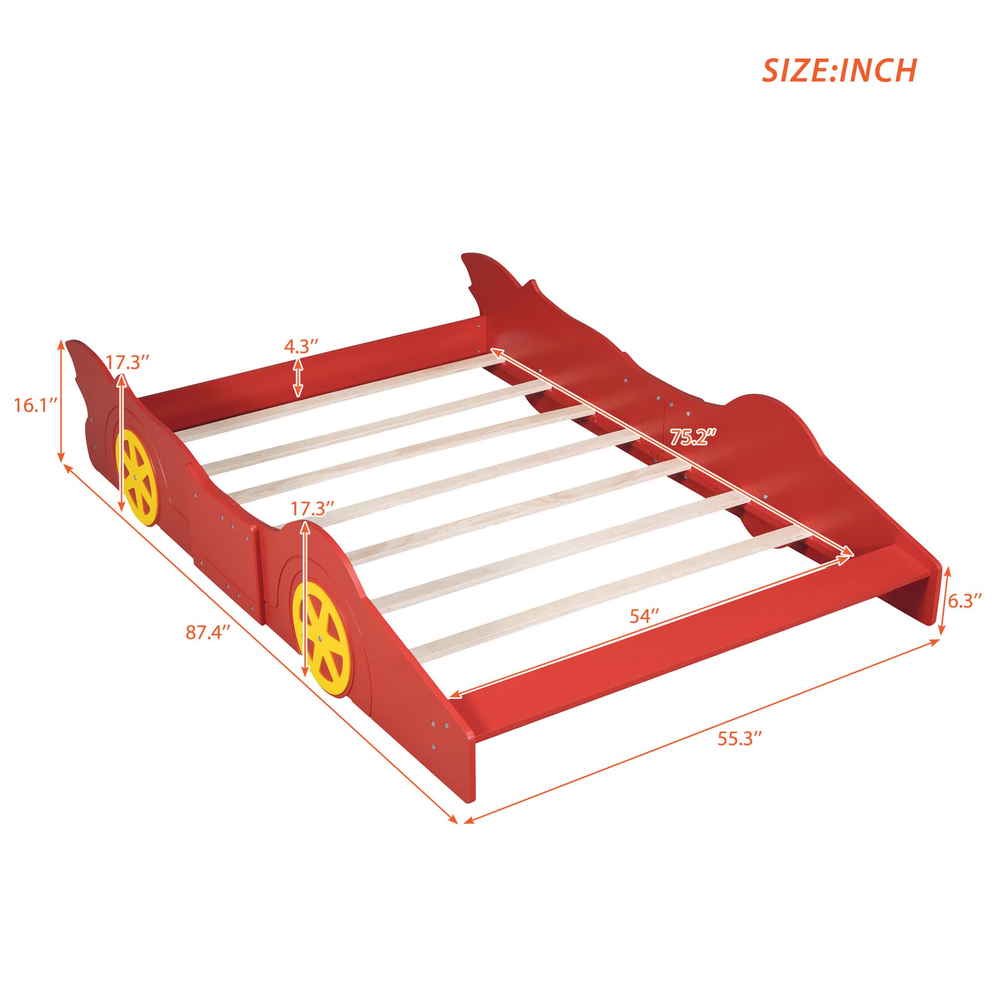 Race Car-Shaped Full Size Wooden Bed Frame for Boys - Red Full Car Bed with Wheels & Slat Support - Fun Kids Bedroom Furniture for Playful Sleep & Adventure Dreams