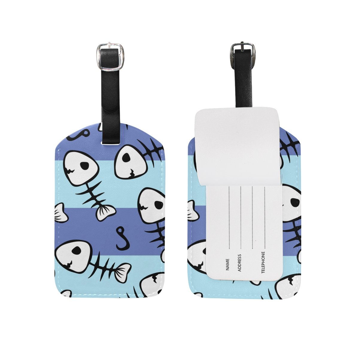 Stylish PU Leather Fish Skeleton Blue Stripe Luggage Tag - Durable Travel Suitcase ID Identifier & Baggage Label - Perfect for Airports, Cruise Ships, and Business Trips