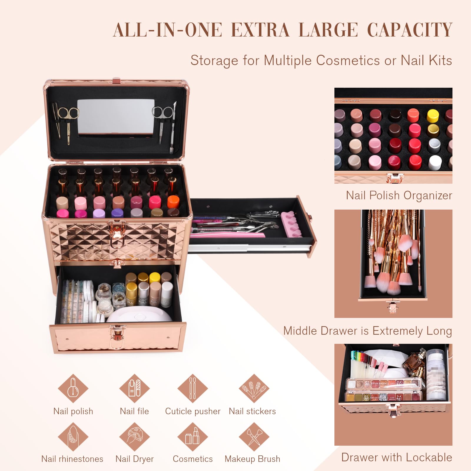Professional Makeup Train Case with Drawers & Mirror - Extra Large Cosmetic Organizer for Travel, Nail Tech & Salon Use - Rose Gold Makeup Storage Case for Cosmetologists & Beauty Professionals (Perfect for Salon, Home Vanity & On-the-Go Makeup Artists)