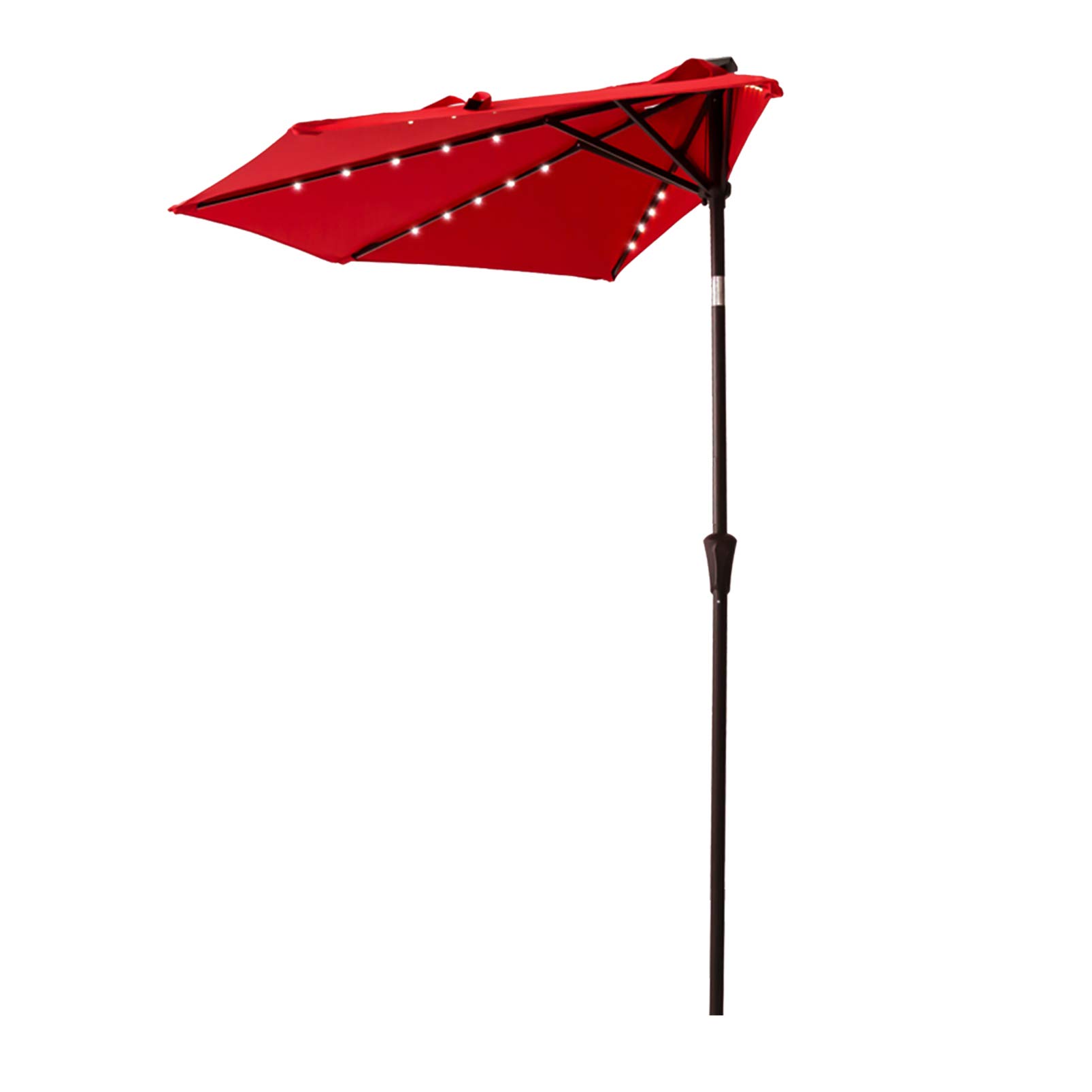 FLAME&SHADE 9 ft Solar Powered Half Round Patio Umbrella with LED Lights & Tilt - Waterproof Outdoor Market Umbrella for Garden, Balcony, Wall - Perfect for Backyard, Poolside & Restaurant Dining (Red)