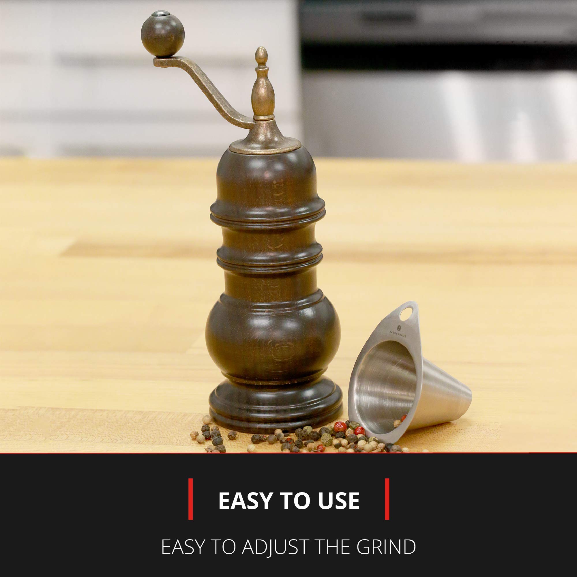 Premium Zassenhaus Speyer 5.1-Inch Dark Stained Beech Wood Pepper Grinder - Adjustable Coarseness for Freshly Ground Spices - Perfect for Kitchen, Dining Table & Gourmet Cooking