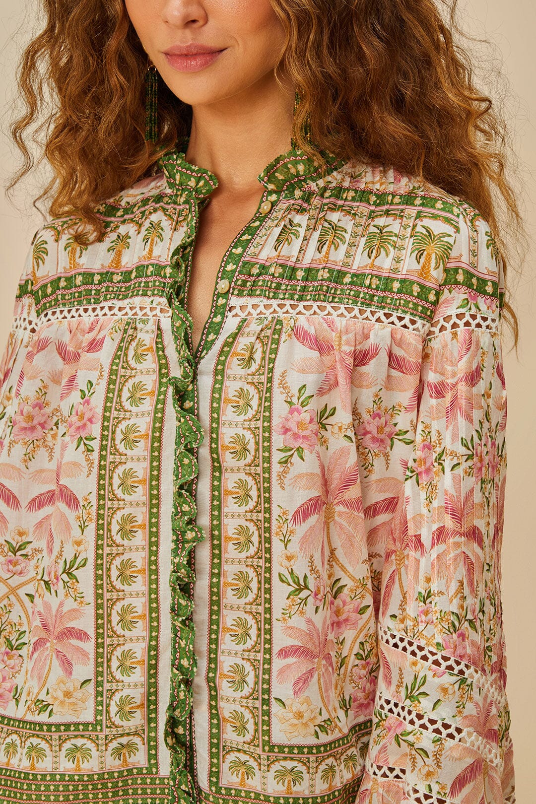 Farm Rio Off White Palm Dream Blouse - Women's Tropical Print Flowy Shirt for Summer Vacation & Beach Outfits