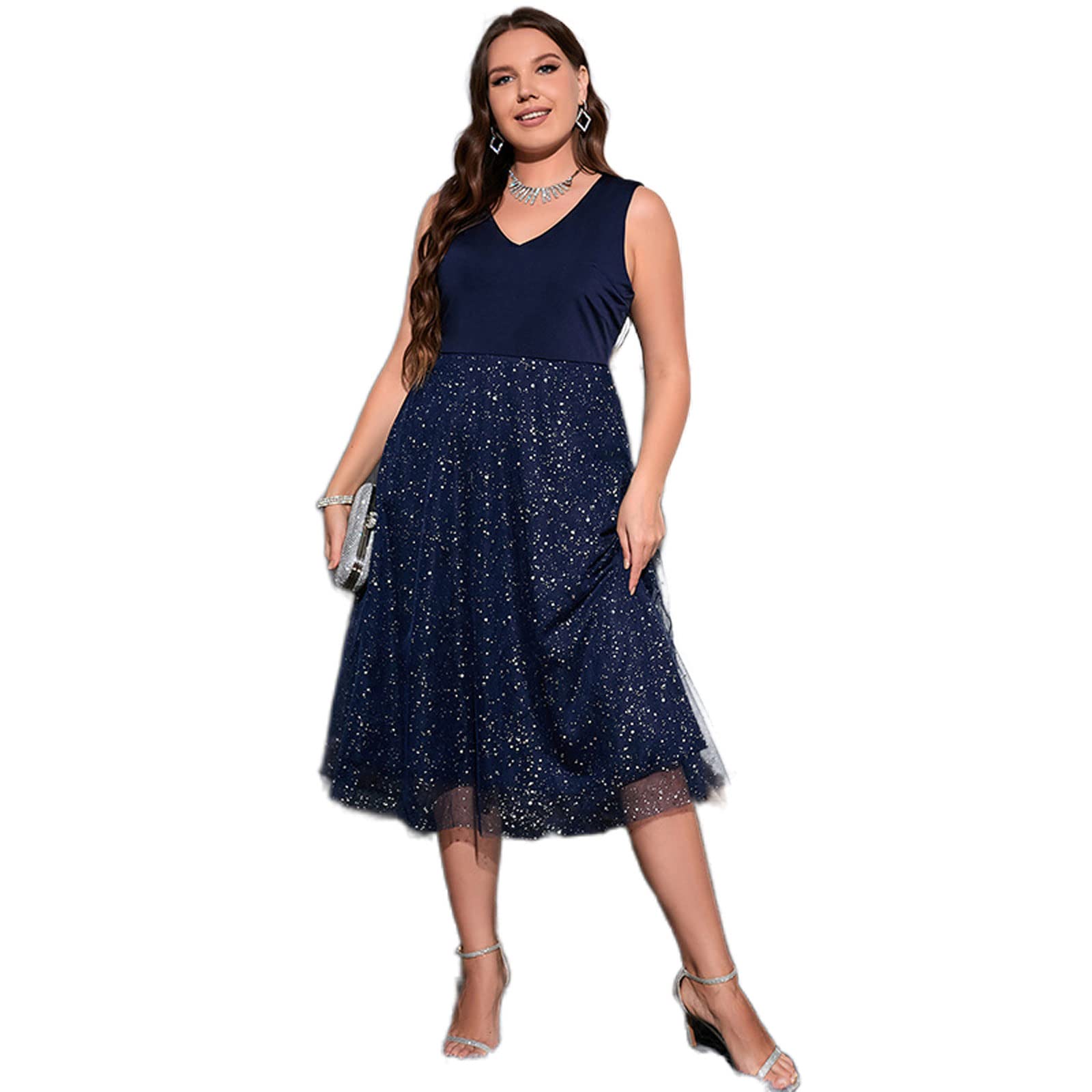 **Akivide Women's Plus Size Wrap V-Neck Sleeveless Contrast Mesh Midi Dress - Elegant Cocktail & Wedding Guest Swing Dress for Parties, Evening Events & Special Occasions**