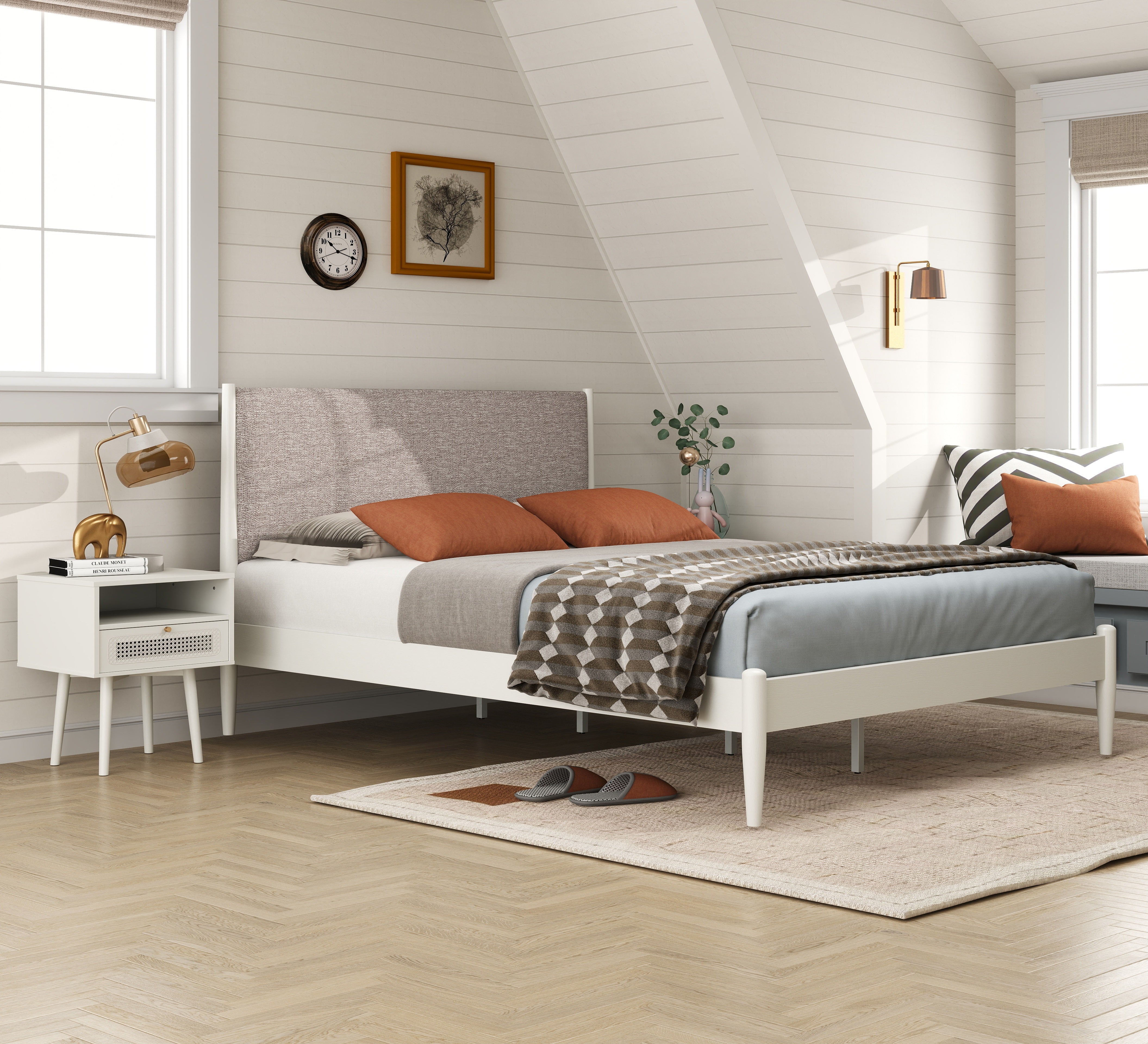 Roundhill Furniture Feeney 3-Piece Queen Bedroom Set - Platform Bed with 2 Nightstands in Cream White | Modern Bedroom Decor for Small Spaces & Guest Rooms