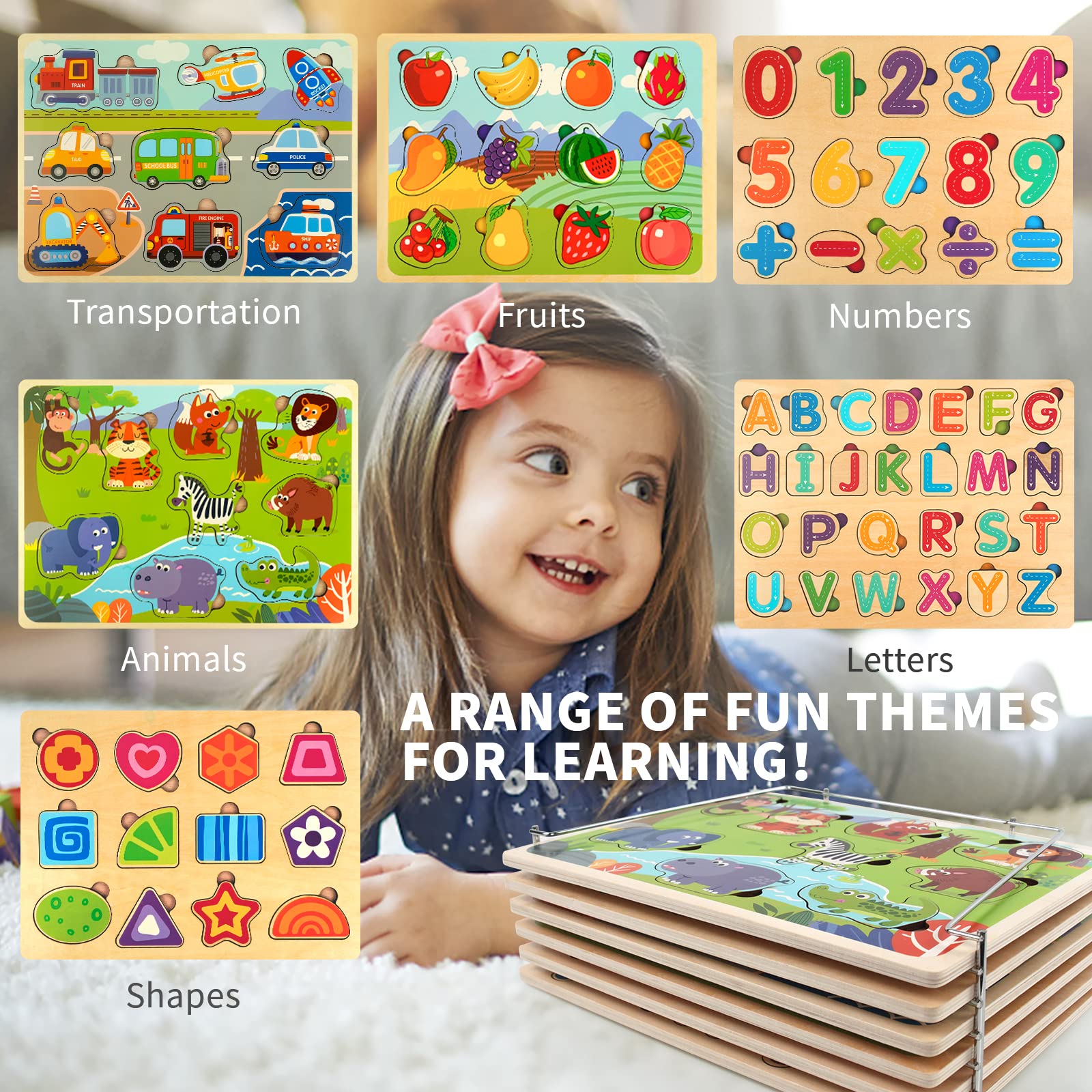 Wooden Puzzles for Toddlers 3-6 with Storage - 6 Pack for Preschool Learning | Playroom & Classroom Use