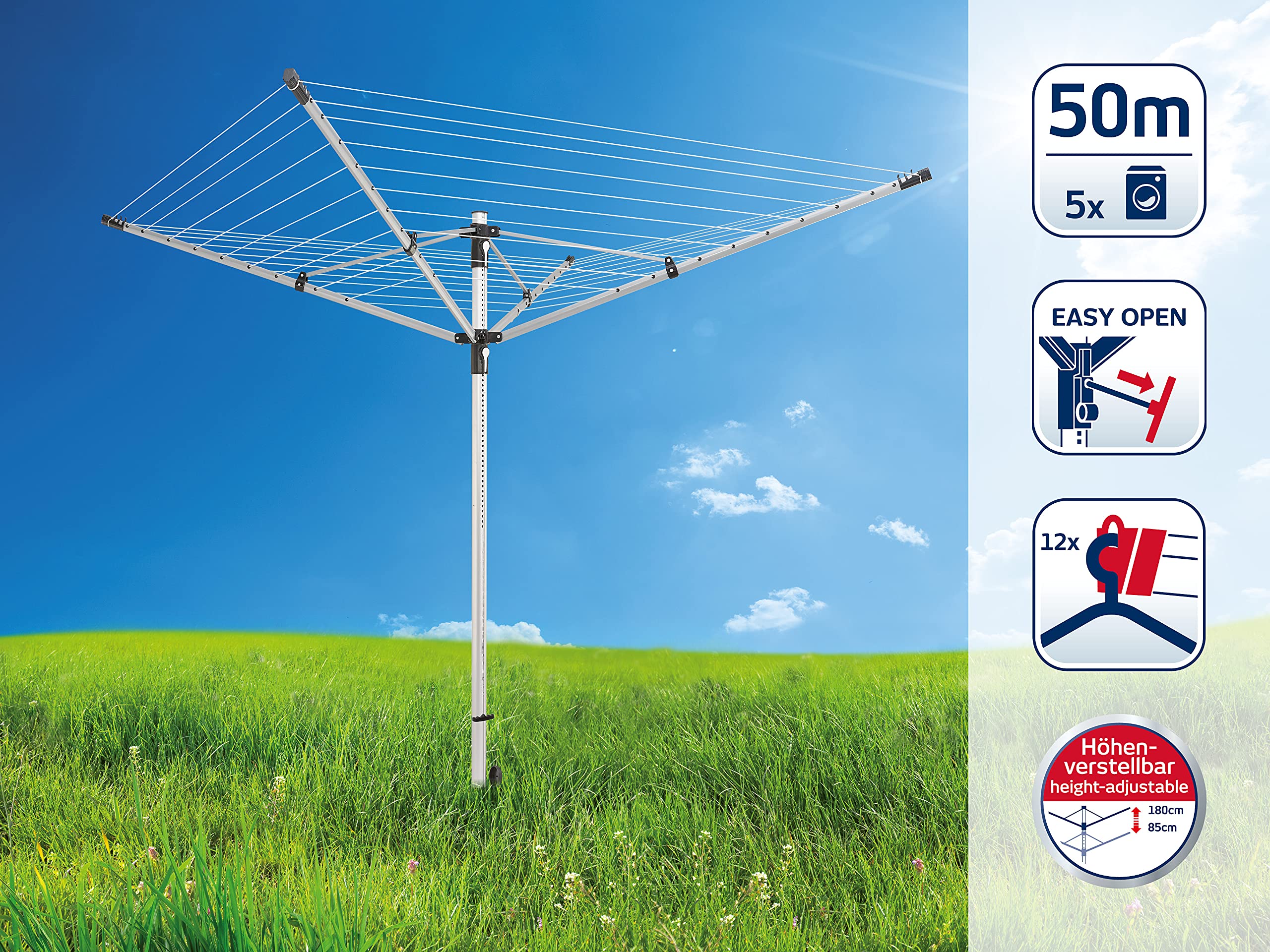 Leifheit LinoLift 500 Adjustable Height 4-Arm Rotary Clothesline - 50m Outdoor Clothes Dryer for Garden, Patio & Laundry - Grey Durable Washing Line for Backyard, Balcony & Household Use