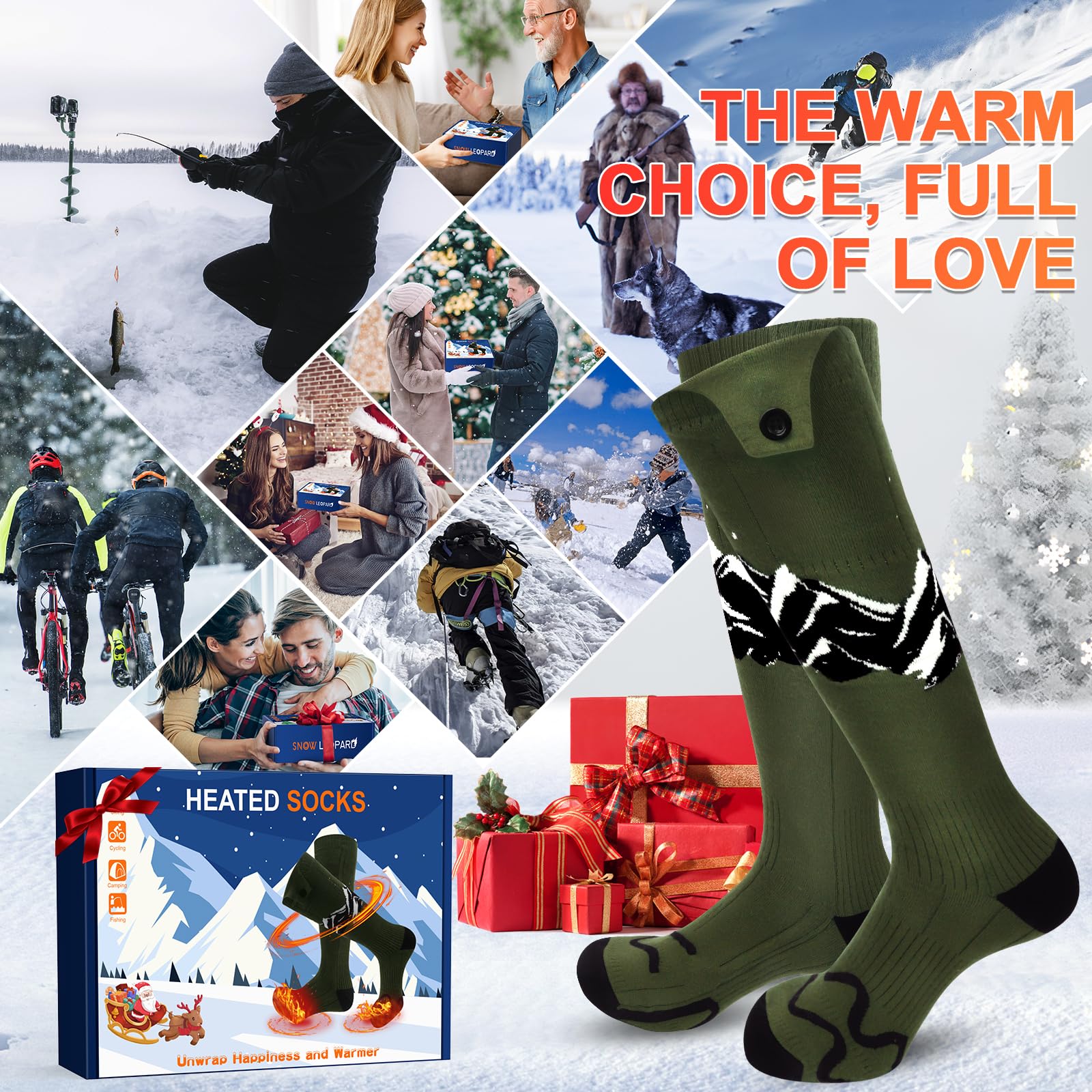 SNOW LEOPARD Rechargeable Heated Socks for Men & Women - 5000mAh Battery, APP Controlled Electric Warming Socks, Machine Washable Winter Foot Warmers for Skiing, Hiking, Riding & Outdoor Activities