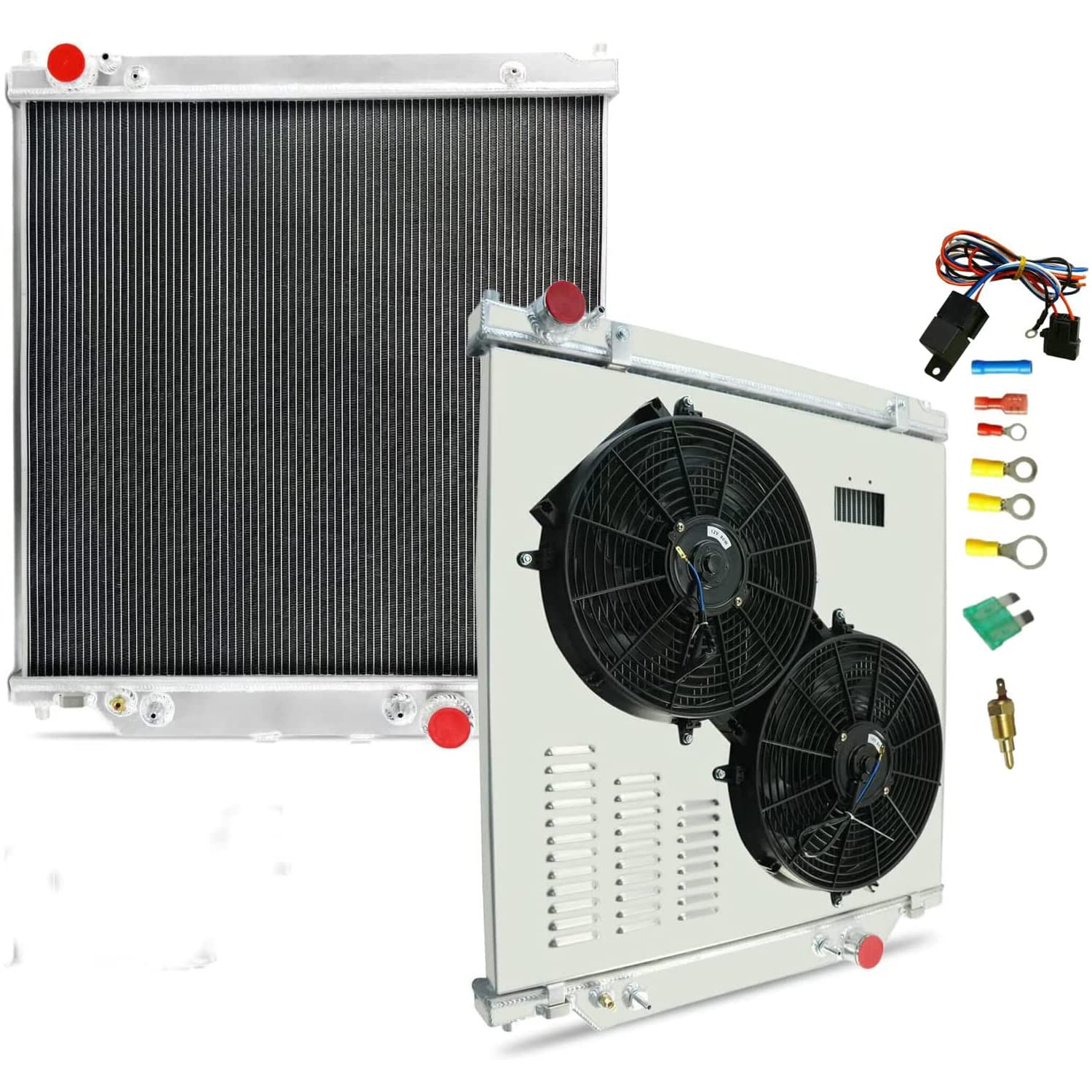 2003-2007 Ford F250 F350 F450 F550 Super Duty 6.0L Powerstroke Turbo Diesel Aluminum Radiator Kit - 2 Row with Electric Fan Shroud & Thermostat - Heavy Duty Cooling for Towing & Off-Road Performance