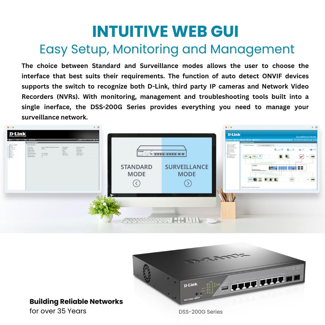 D-Link DSS-200G-10MP 10-Port Gigabit PoE+ Switch - 8 PoE Ports (130W), 2 SFP Ports, Smart-Managed for Office Network & IP Camera Systems