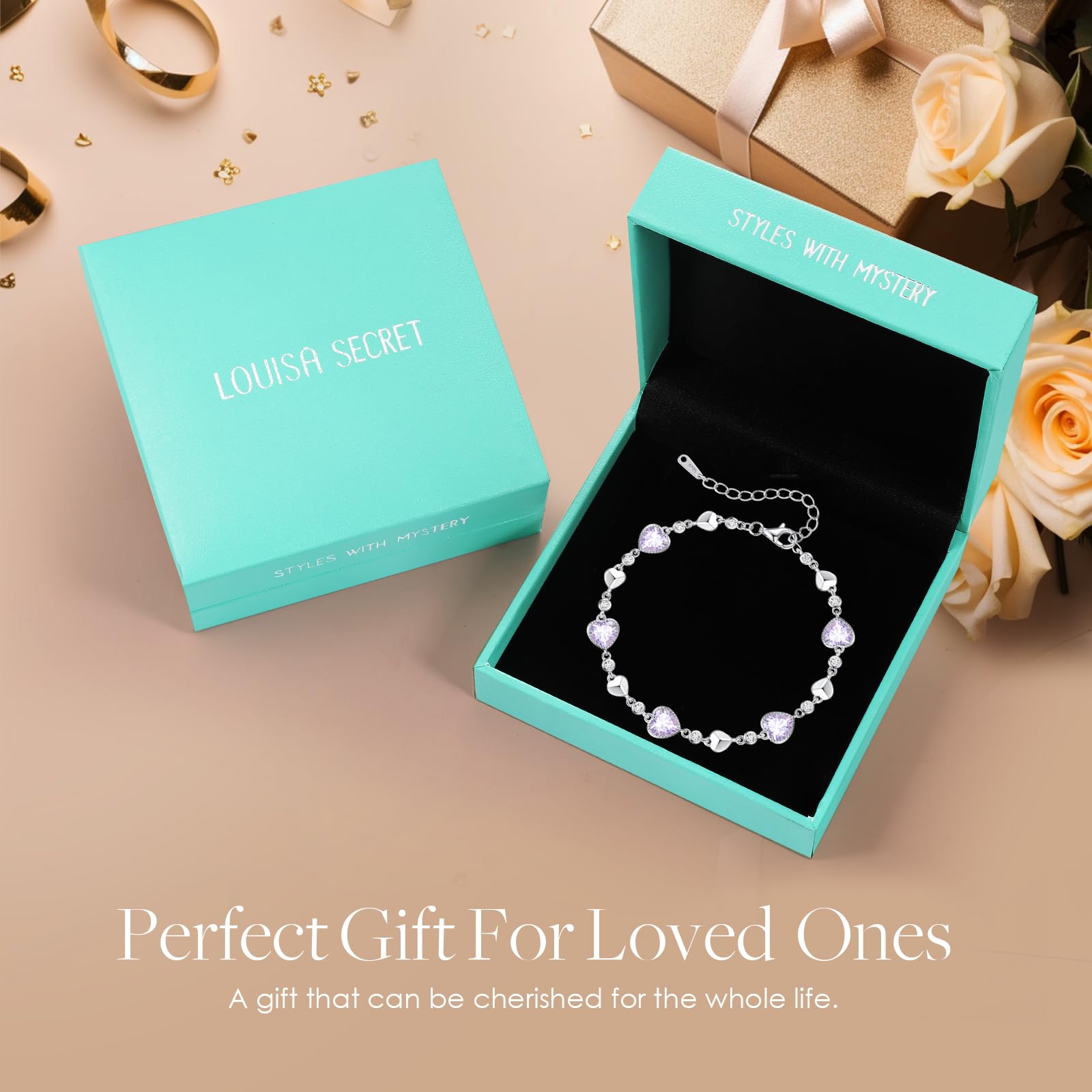 LOUISA SECRET 925 Sterling Silver Five Love Heart Birthstone Charm Link Bracelet for Women - Elegant Jewelry Gift for Wife, Mom, Girlfriend - Perfect for Birthday, Anniversary, Christmas & Everyday Wear