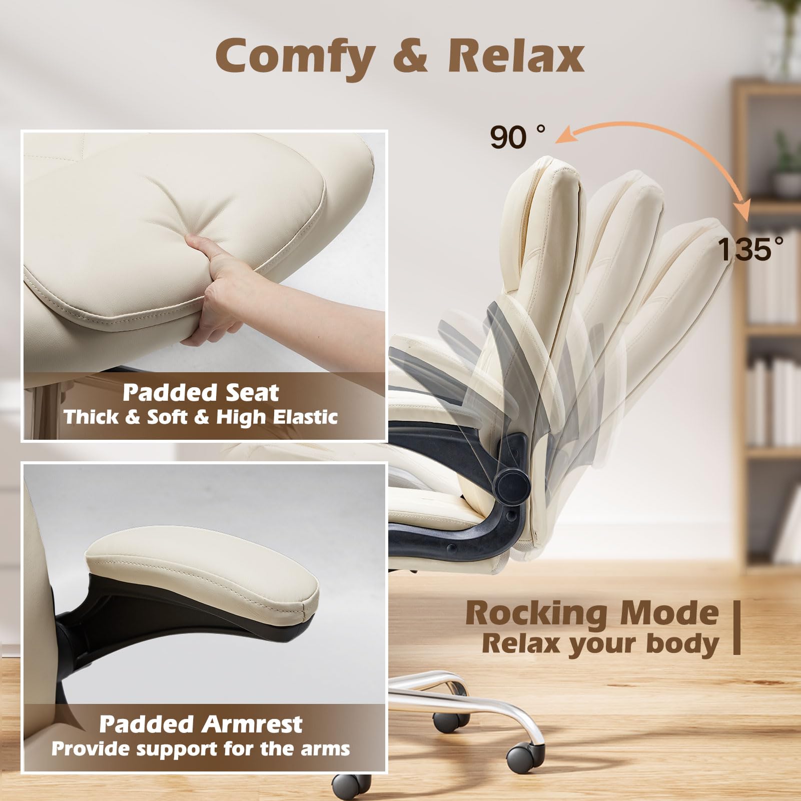 Premium Ergonomic Executive Office Chair with Flip-Up Arms, Adjustable Height & Lumbar Support - PU Leather Swivel Computer Desk Chair with Smooth-Rolling Wheels & Rocking Function (White) - Perfect for Home Office, Gaming Setup & Conference Rooms