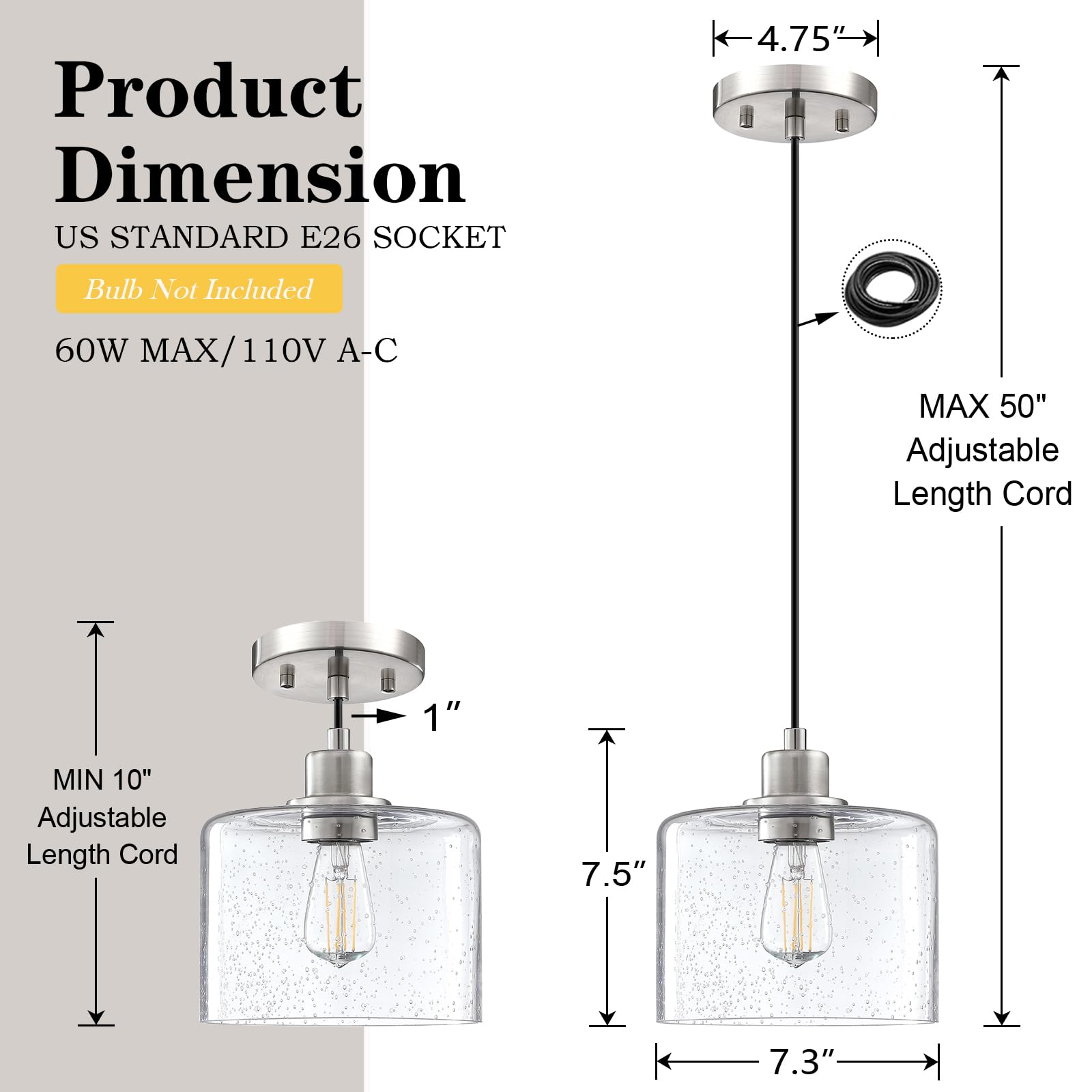 2 Pack Modern Kitchen Island Pendant Lights - 7.3 Inch Seeded Clear Glass with Brushed Nickel Finish - Farmhouse Hanging Light Fixture for Kitchen, Dining Room, Bedroom & Living Room - Perfect for Kitchen Islands, Breakfast Bars, and Home Decor Lighting