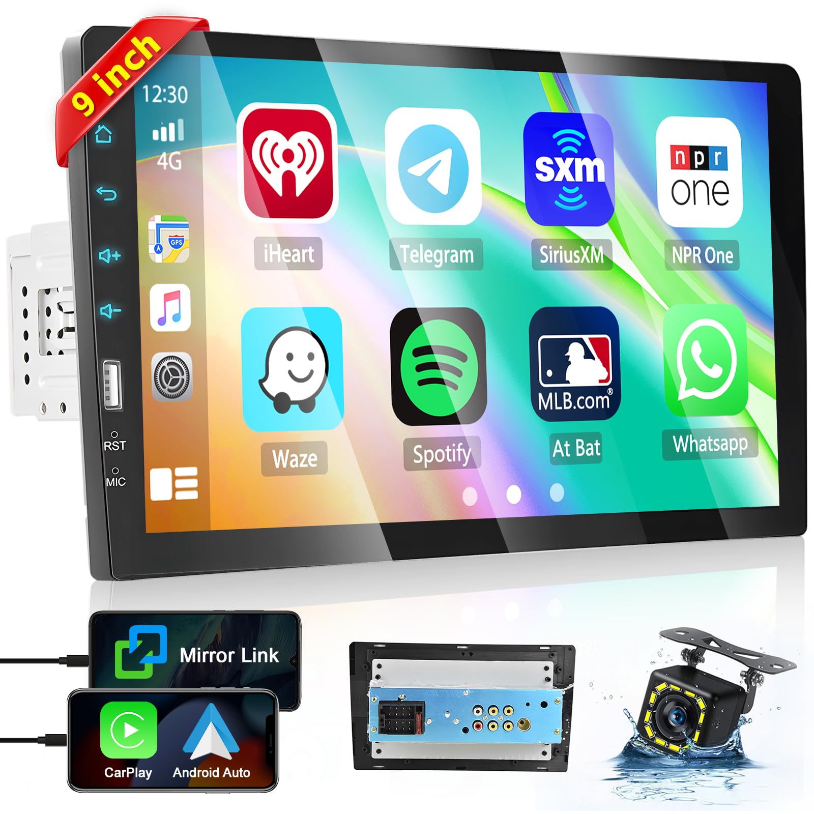 Hikity 9 Inch Single Din Car Stereo with Apple CarPlay & Android Auto - Bluetooth Touch Screen GPS Navigation, Mirror Link, FM, SWC, USB & Backup Camera - Perfect for Road Trips & Daily Commuting