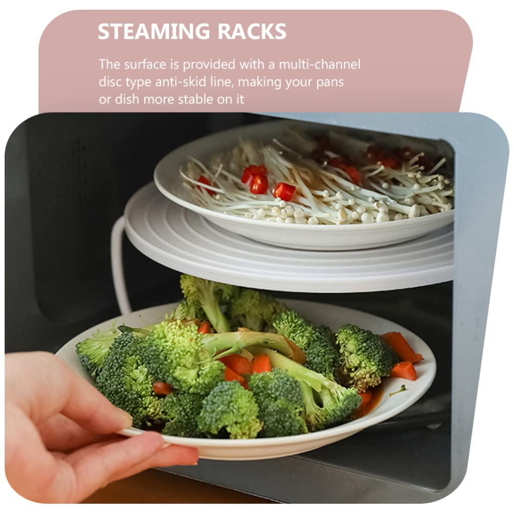 SOLUSTRE Foldable Microwave Plate Stacker - Plastic Steaming Tray Rack with Handle, Dish Stand Organizer for Kitchen, Cooking & Baking Accessories (White) - Perfect for Microwave Storage, Dish Drying & Countertop Organization