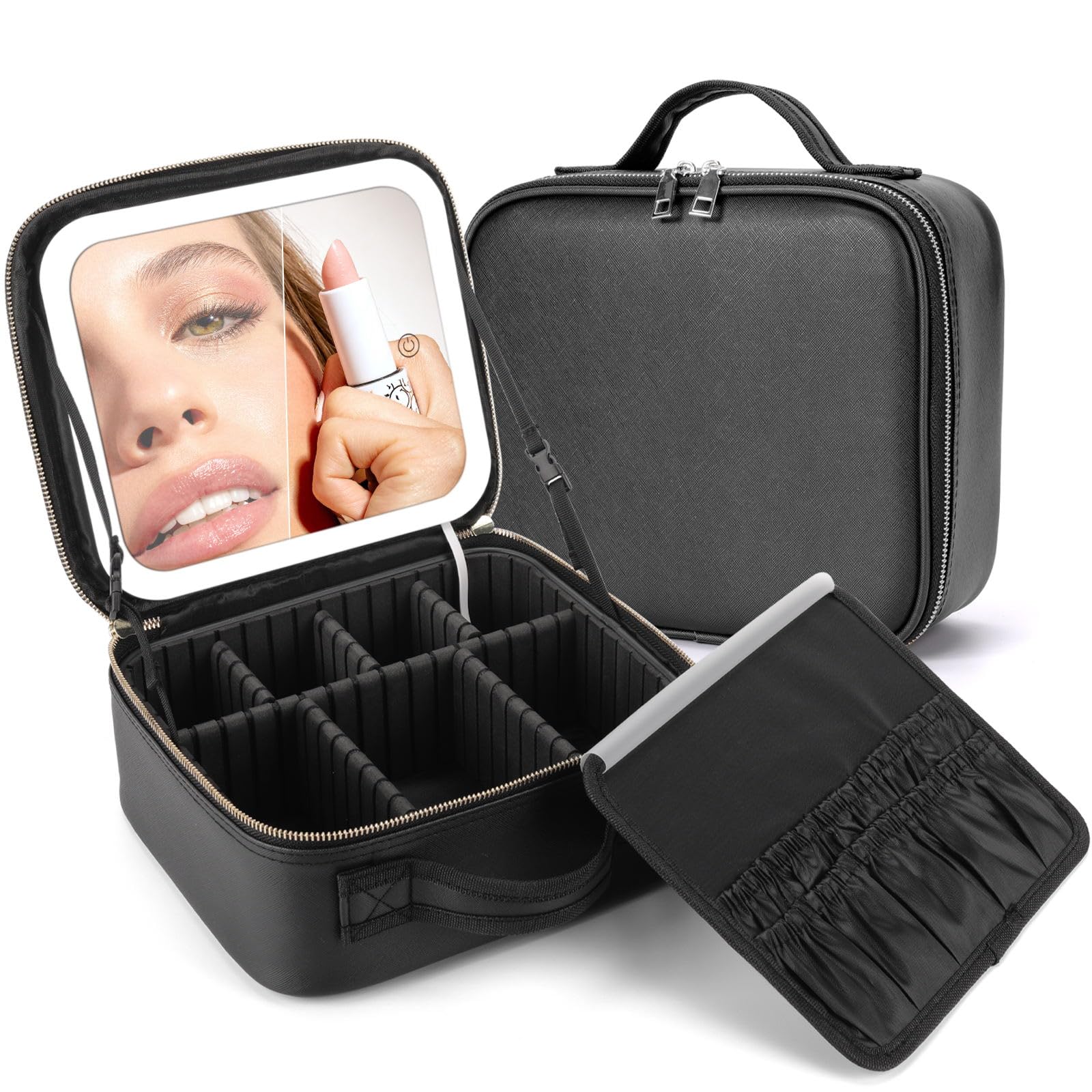 Waterproof Travel Makeup Bag with LED Mirror - Portable Cosmetic Organizer with 3 Color Lighting (Black) | Perfect for Travel, Home Use & Gift Giving