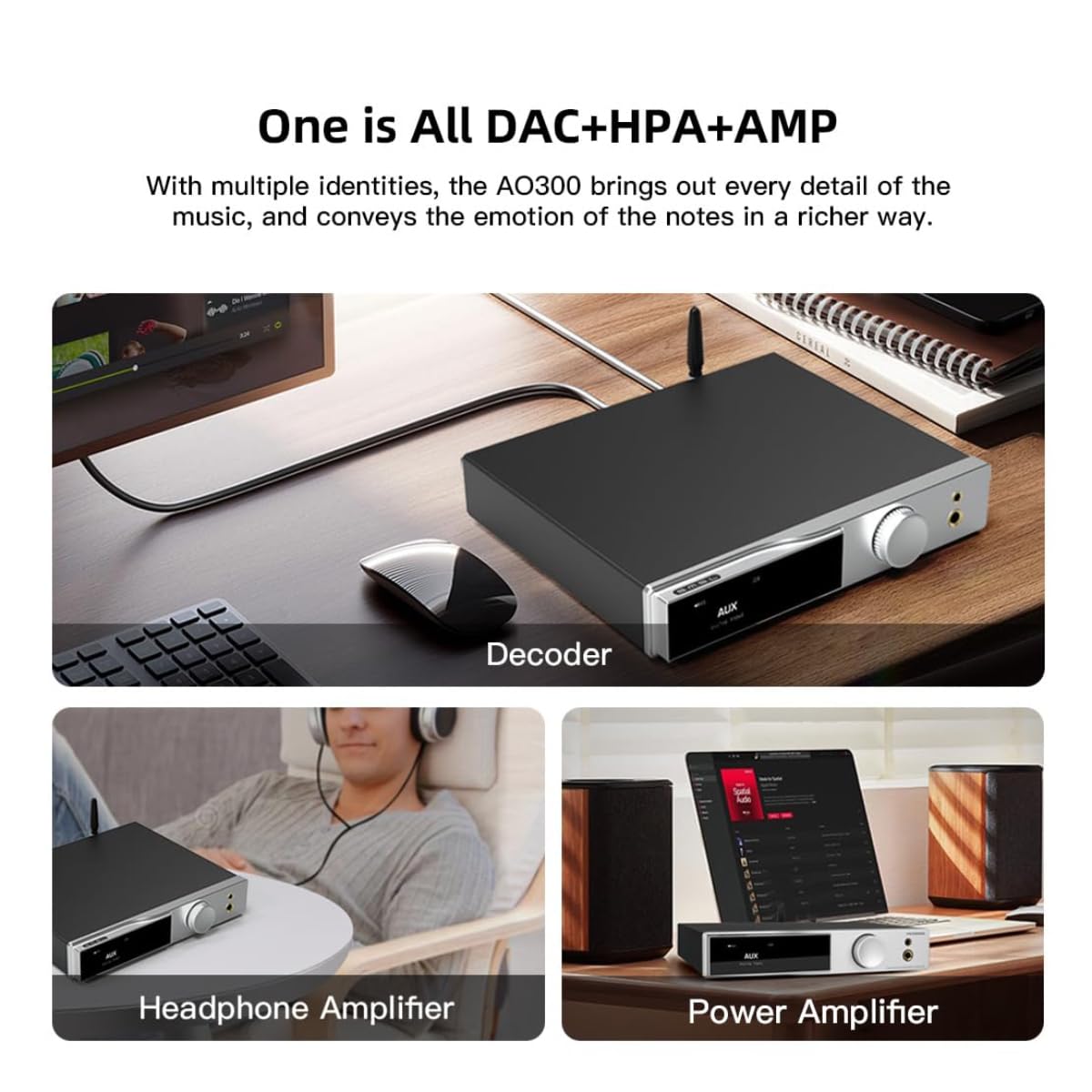 SMSL AO300 MA5332MS 165W Class D Amplifier with CS43131 DAC | USB/Coax/Optical/BT/HDMI ARC/RCA Inputs | 4.4mm/6.35mm Headphone & Subwoofer Output | Hi-Fi Stereo Audio System (Black) - Perfect for Home Theater, Gaming & Music Listening