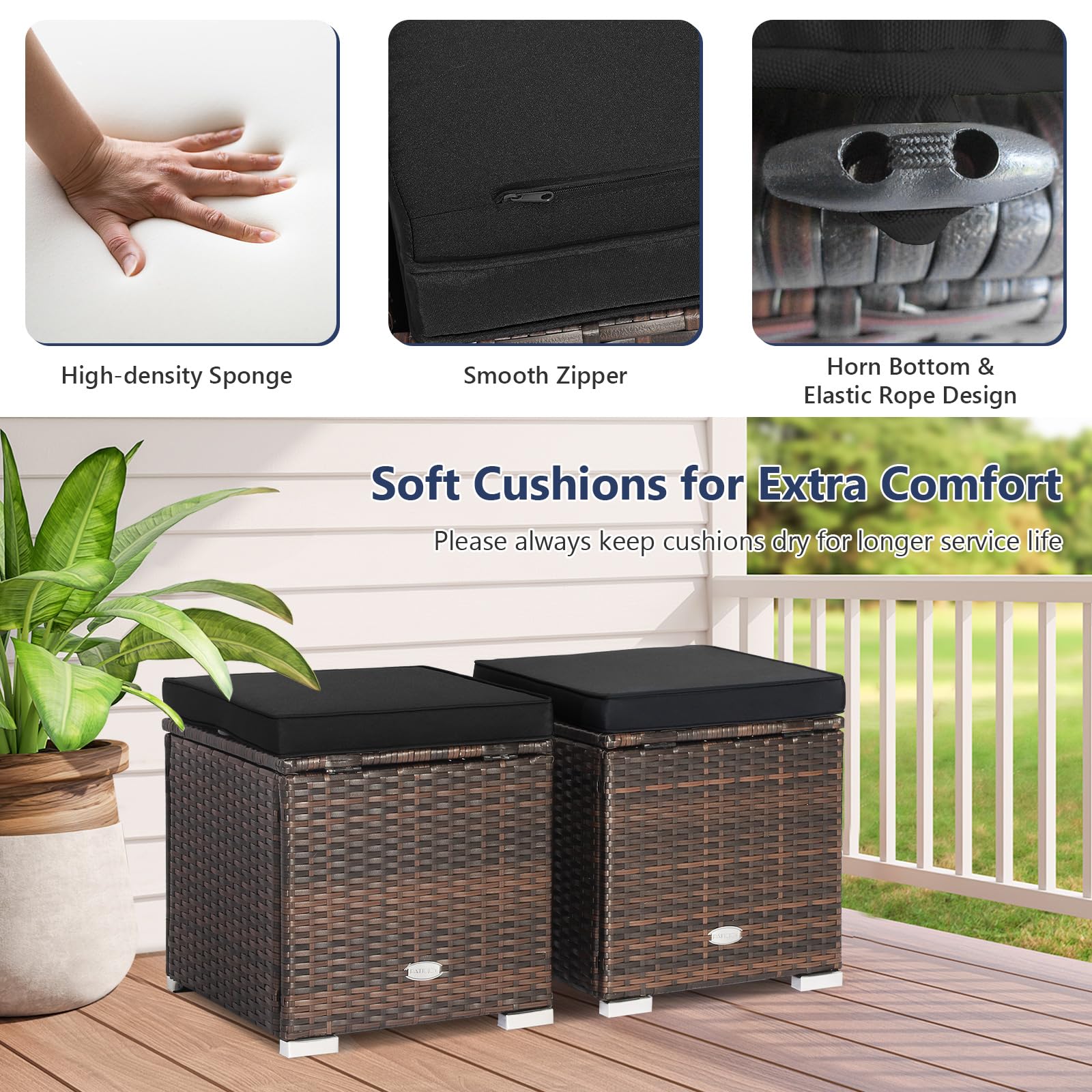 Tangkula 2-Piece PE Rattan Patio Ottoman Set with Removable Cushion & Hidden Storage - Multifunctional Side Table/Seat for Outdoor Living, Backyard, Poolside & Garden (Black) - Perfect for Relaxing, Entertaining & Stylish Storage Solutions