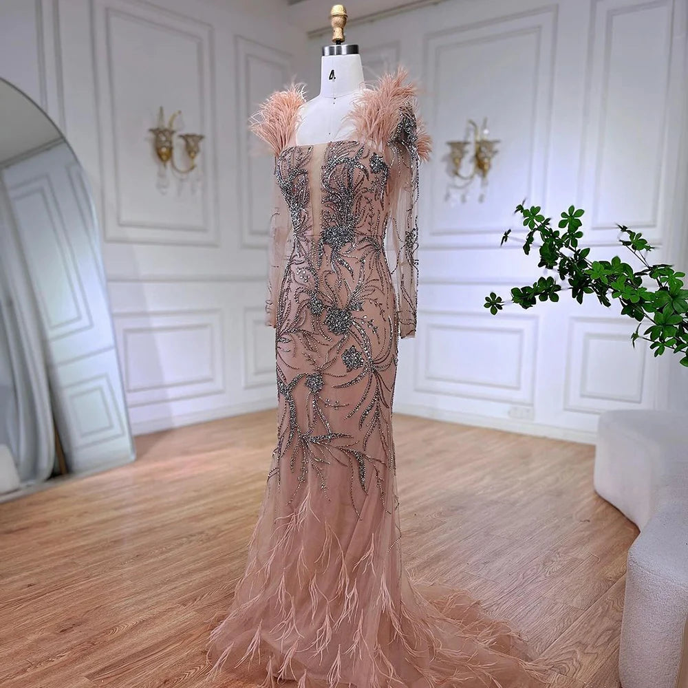 Luxury Dubai Nude One Shoulder Beaded Feather Mermaid Evening Dress for Women - Elegant Wedding Party Gown LA72508 | Perfect for Red Carpet Events, Galas & Formal Occasions
